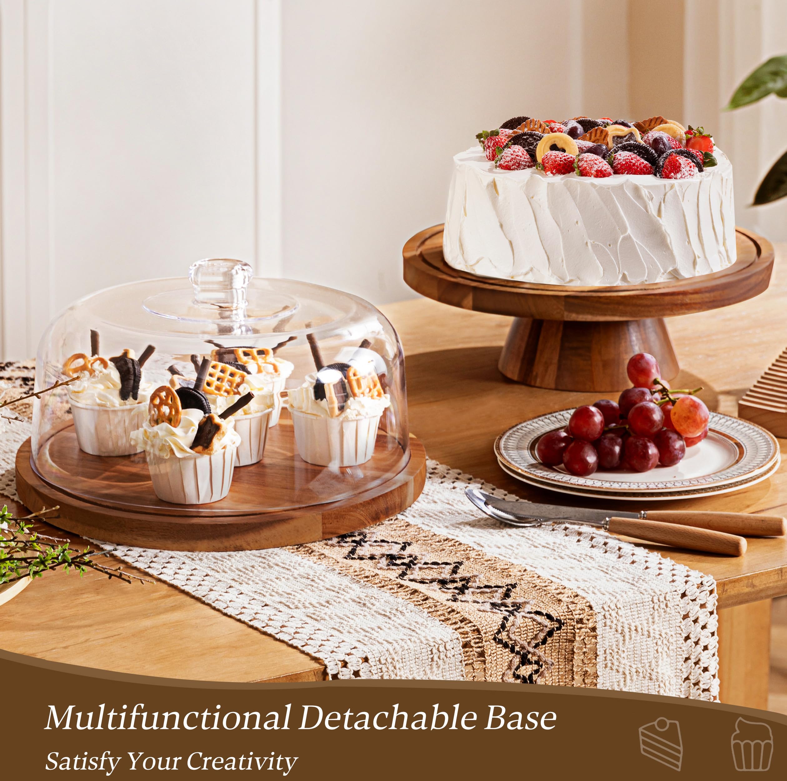 Hblife Cake Stand With Lid Multifunctional Cake Stand With Acrylic Dome Acacia Wood 6-In-1 Cake Plate Display Stand With Cover F