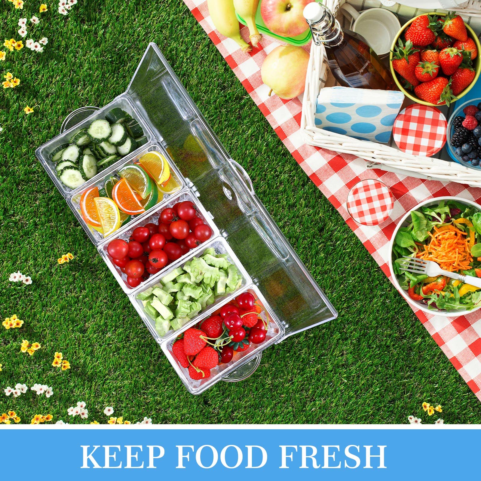 2 Pieces 5 Condiment Tray Server Ice Chilled Compartment Container Organizer With Hinged Lid Cooled Condiment Tray With Removabl