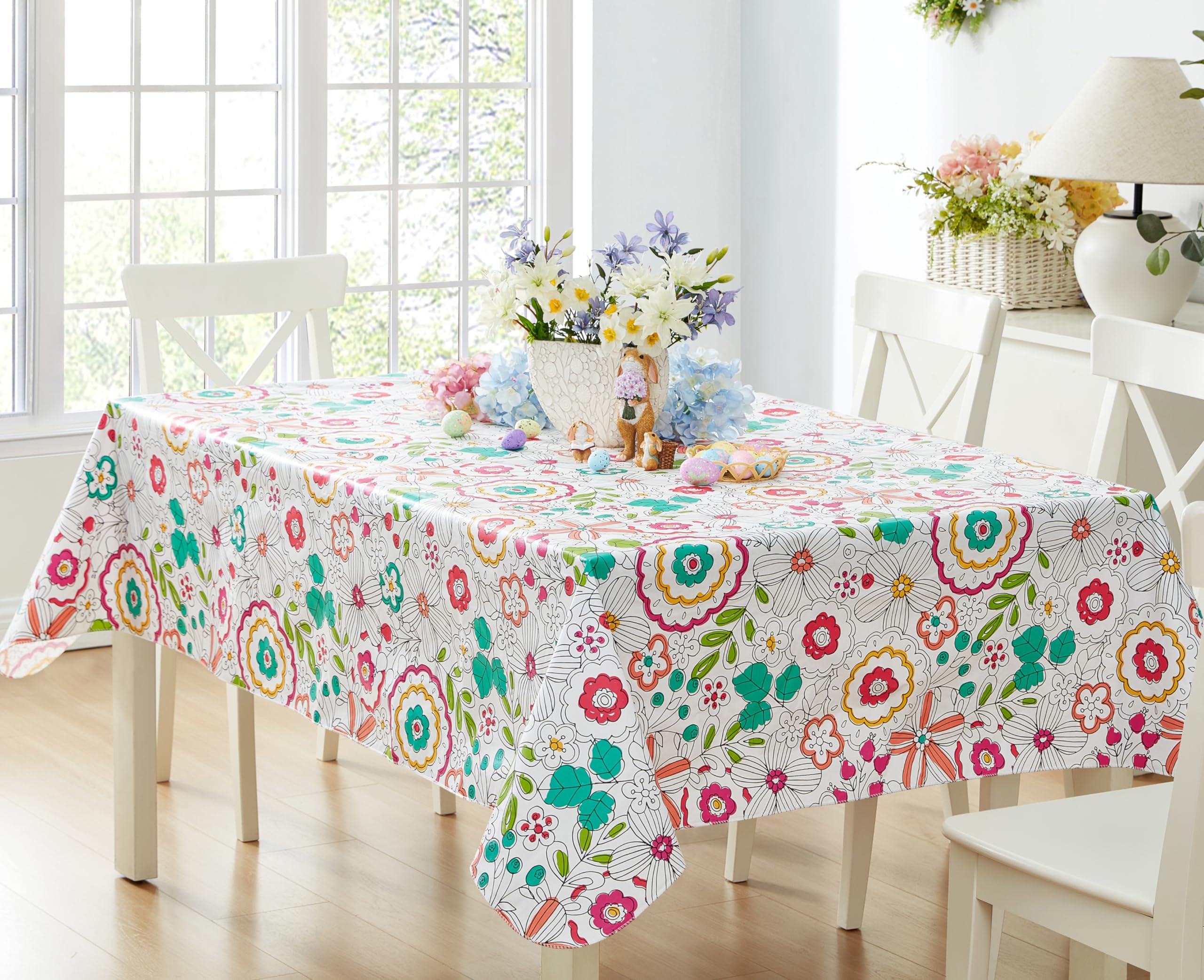 Newbridge Easter Shabby Chic Lily Print 60 x 102 Inch Rectangle Vinyl Flannel Backed Tablecloth, Pink Yellow and Green Lily Indo