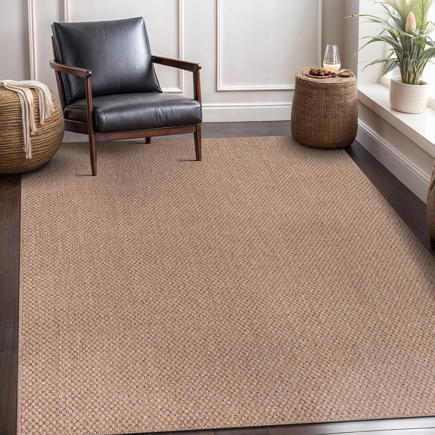 CAMILSON Easy Jute Rug 5x7, Indoor Outdoor Natural Color Farmhouse Area Rugs for Living Room Patio and Kitchen Rug, Solid Boho W