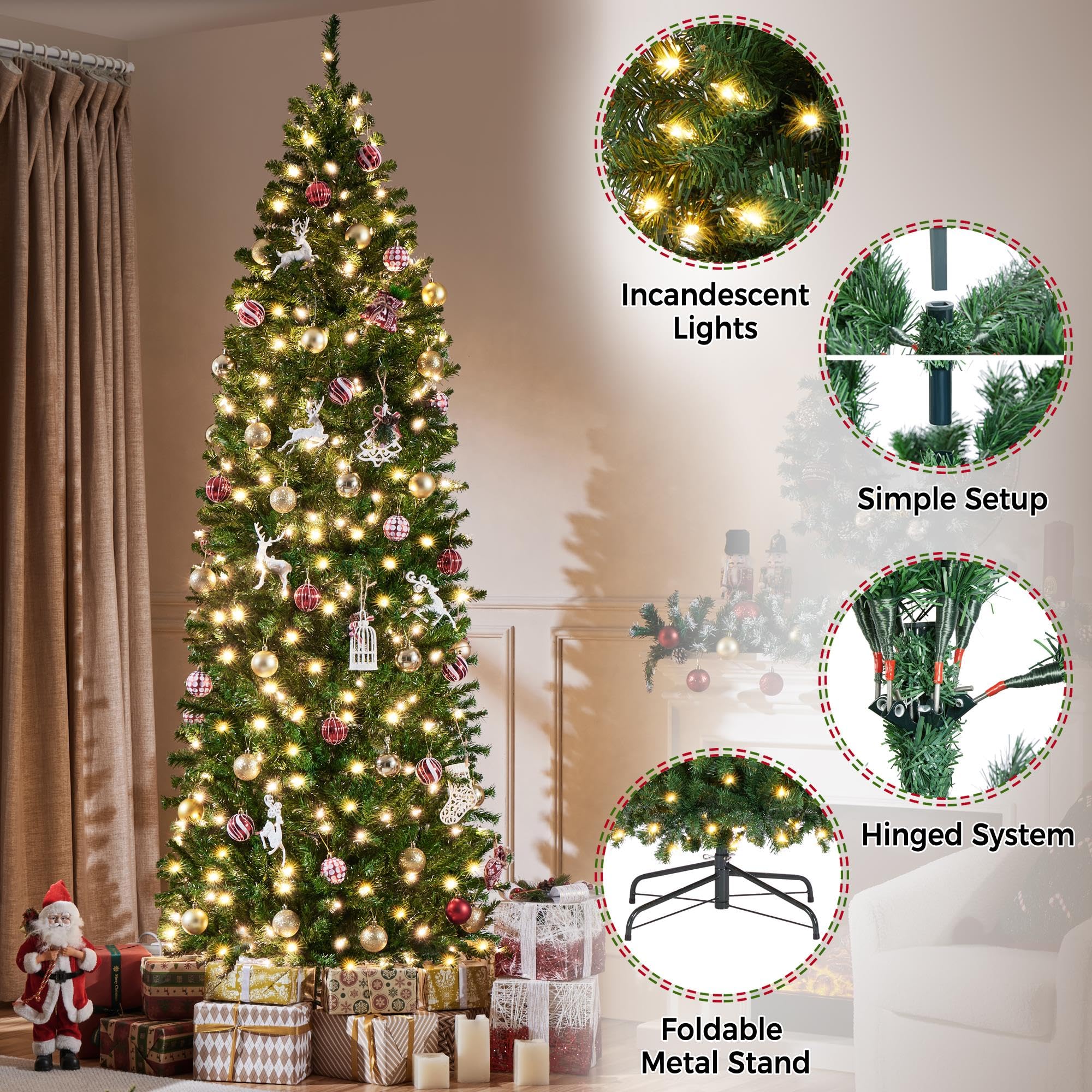 Yaheetech 9ft Pre-lit Artificial Christmas Tree with 500 Warm Lights Hinged Spruce Pencil with Foldable Stand Holiday Decoration