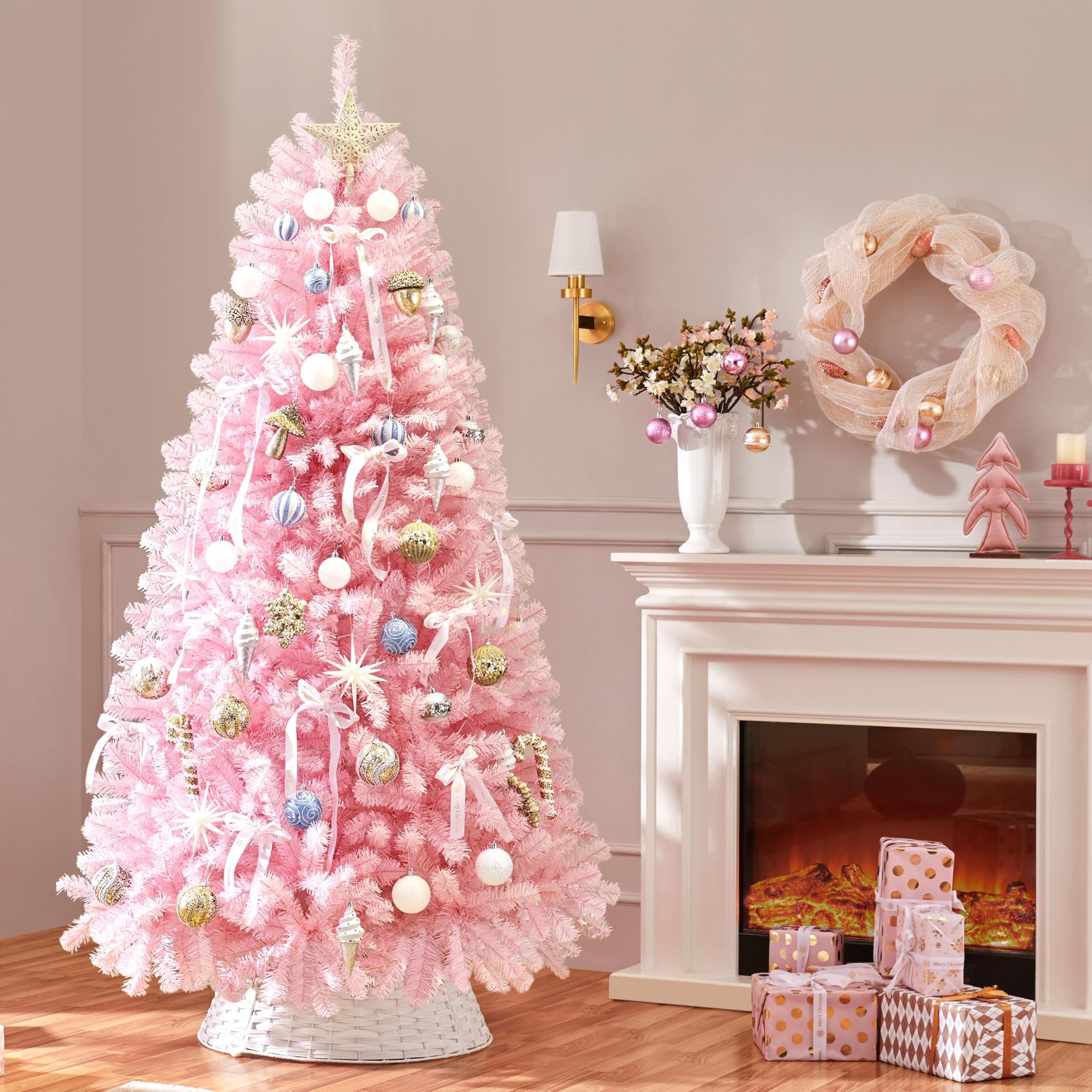 Yaheetech 7.5ft Pre-lit Artificial Hinged Christmas Tree Prelighted Full Holiday Xmas Tree for Home Party Decoration with 550 Wa