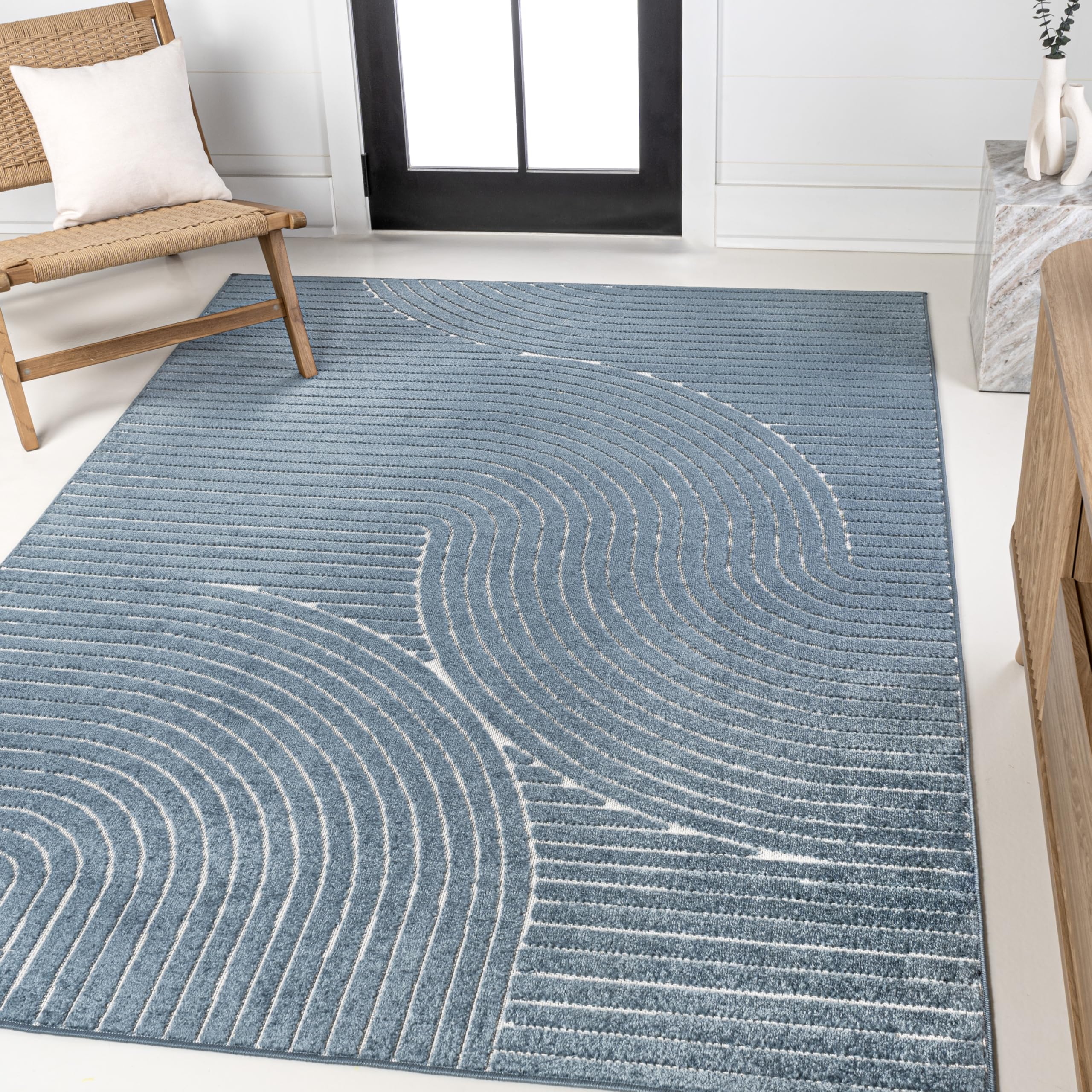 JONATHAN Y SCN100C-4 Hallie High-Low Minimalist Curve Geometric Dark Blue/Cream 4 ft. x 6 ft. Indoor/Outdoor Area Rug for Patio,