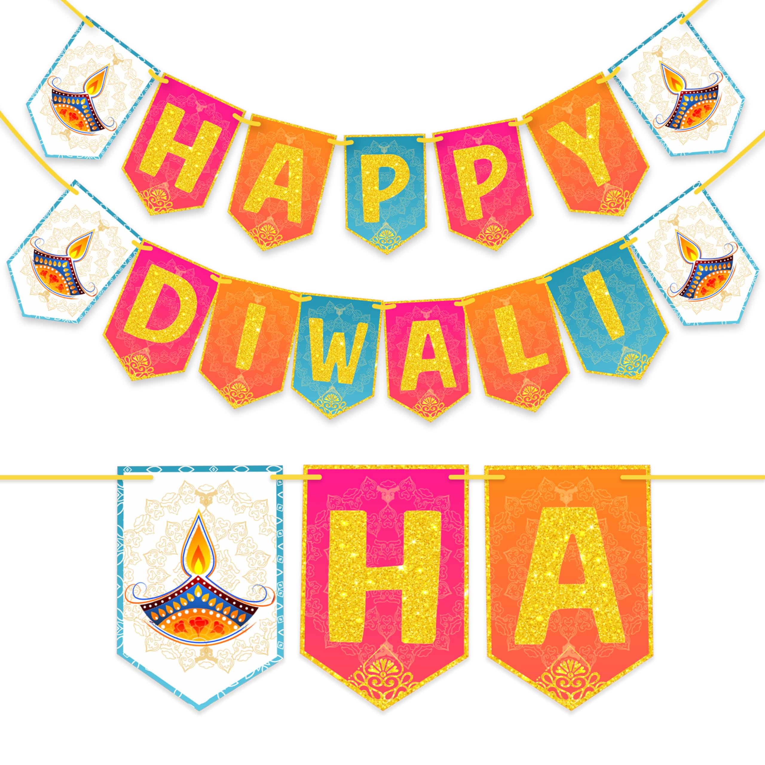 WOBBOX Diwali Decoration Bunting Banner, Happy Diwali Multi Color Background With Golden Gliter Font, Diwali Decoration Item, Di