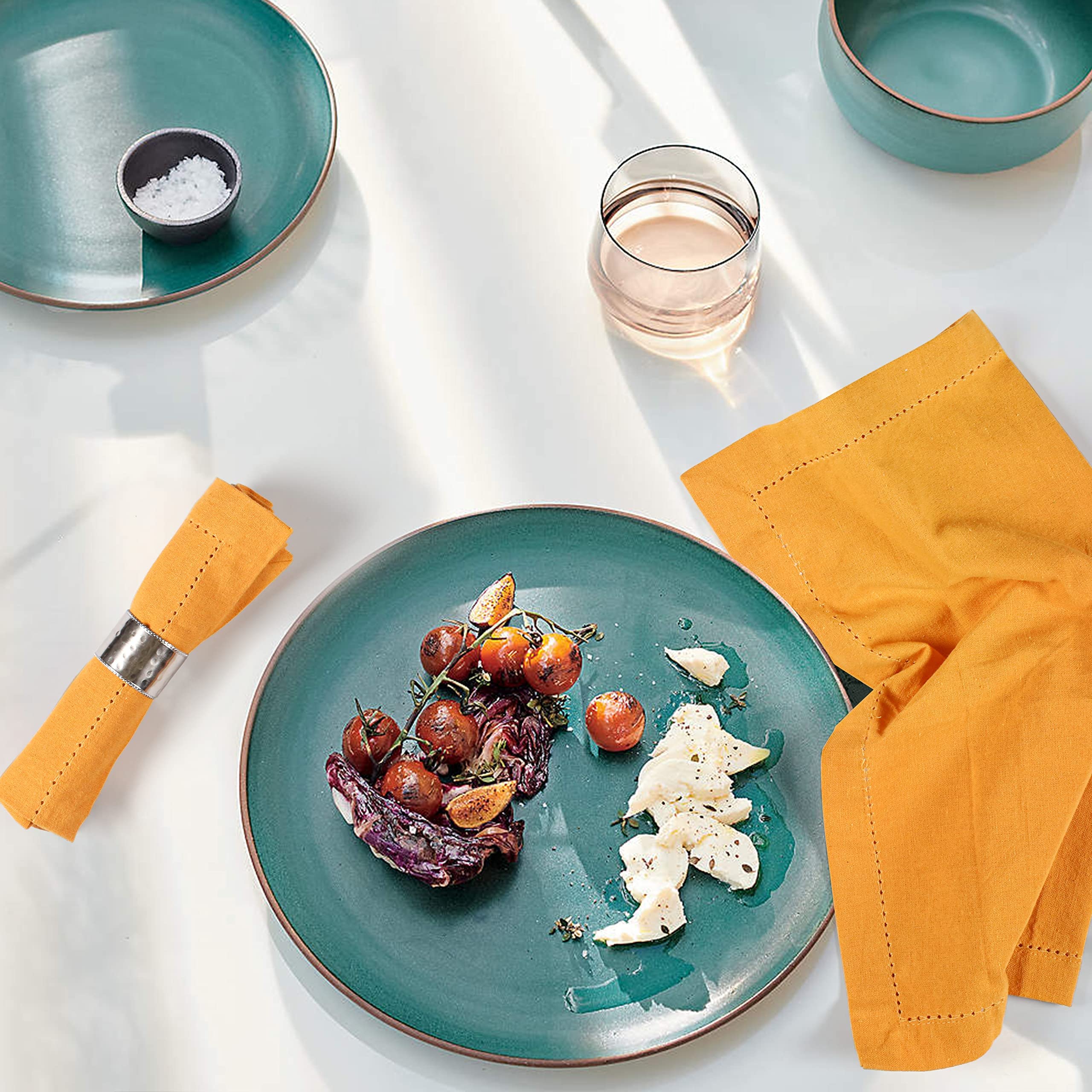 Palisa Cloth Dinner Napkins with Hemstitched Detailing & Mitered Corners Set of 12 (18x18 Inches) Mustard - Cotton Reusable Dinner Napkins - Perfect for Weddings & Everyday Use