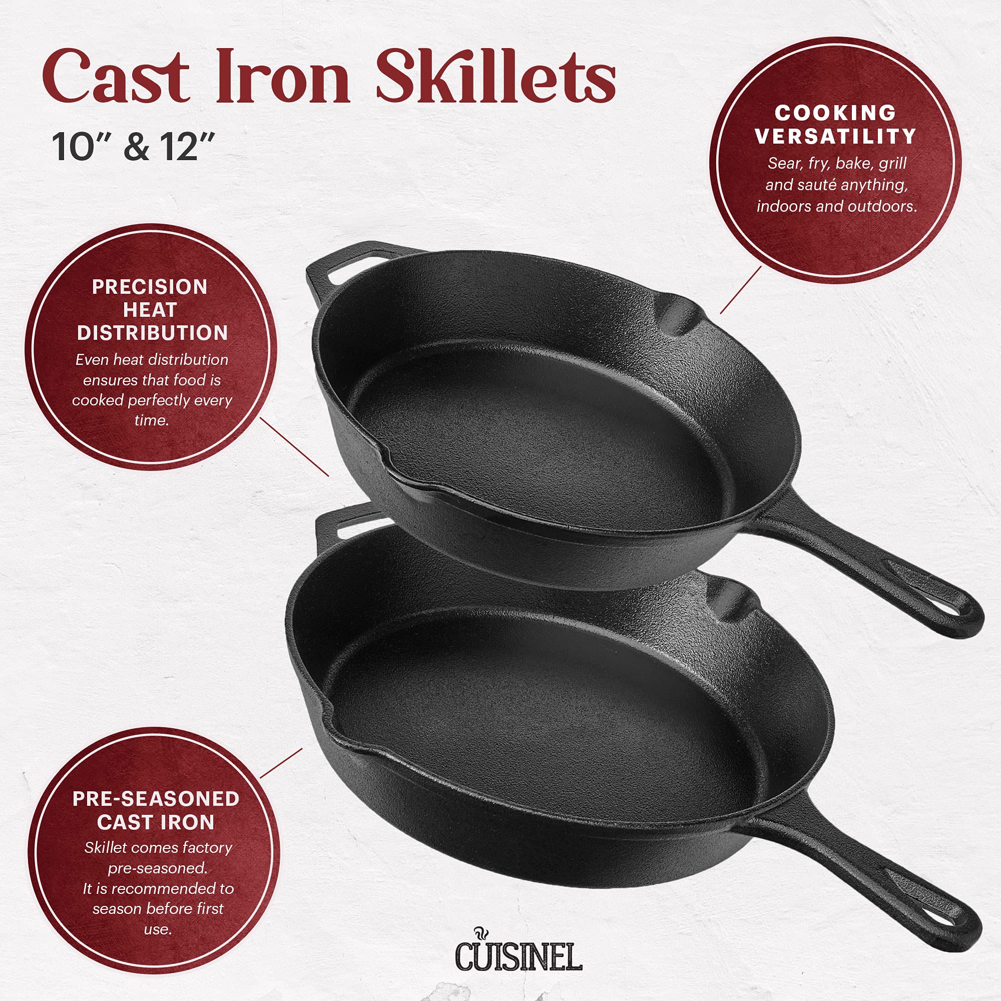 Cuisinel Cast Iron Skillet Set - 10'' + 12'' Frying Pan + Glass Lids + 2 Handle Cover Grips - Pre-Seasoned Oven Cookware - Indoo