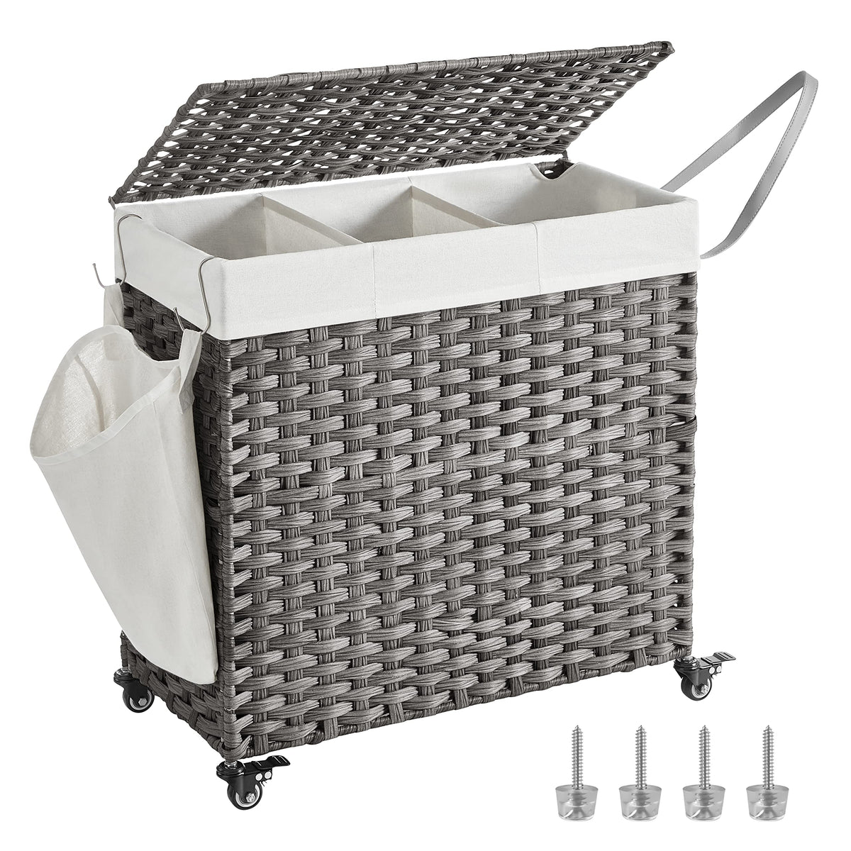 Songmics Laundry Hamper With Lid, 37 Gallons (140 L), Rolling Laundry Basket With Wheels, 3-Section Synthetic Rattan, Removable