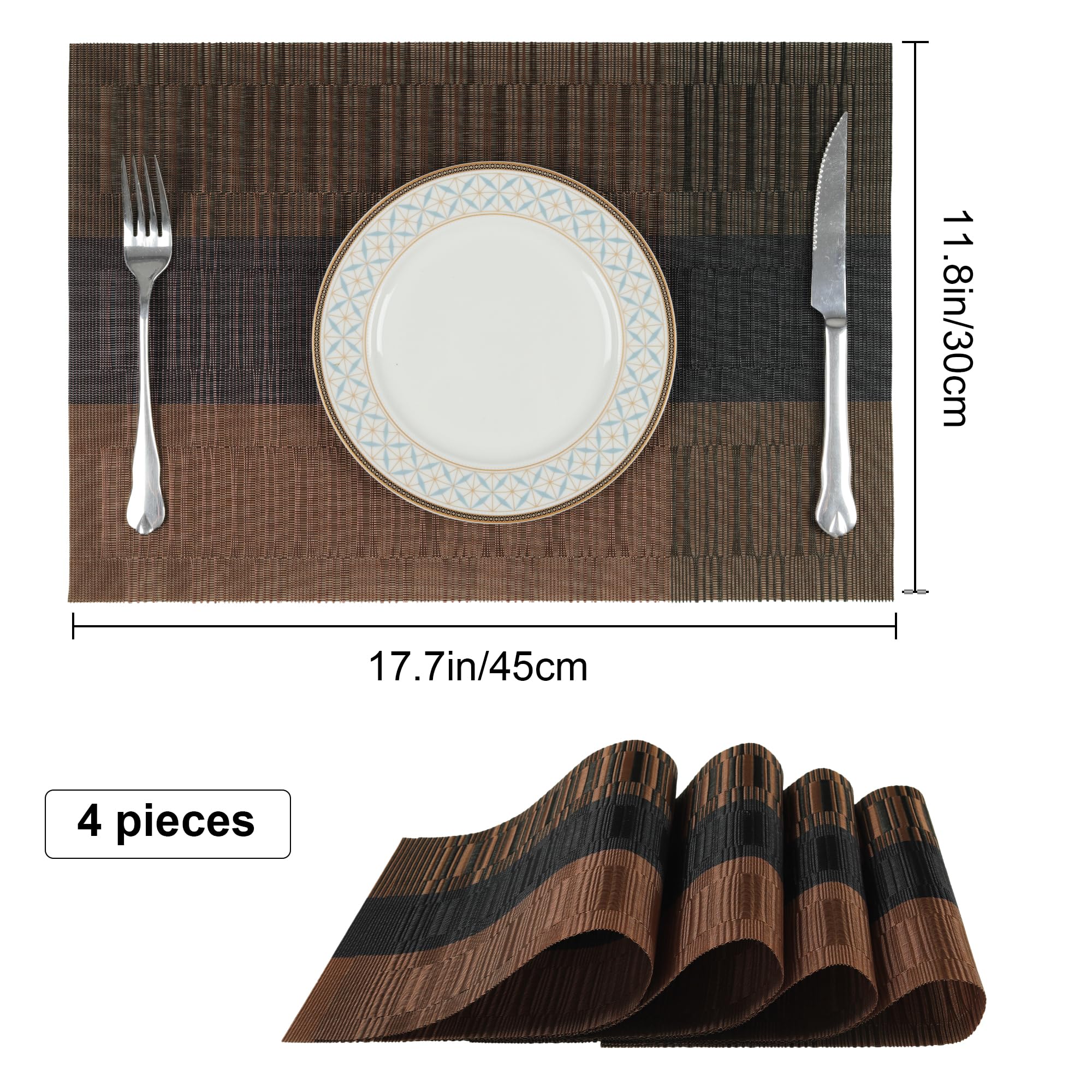 Fanquare Stripe Placemats 18 X12 Inches, Pvc Place Mats For Dining Table, Durable Heat Resistant Table Mats Brown, 4 Pack