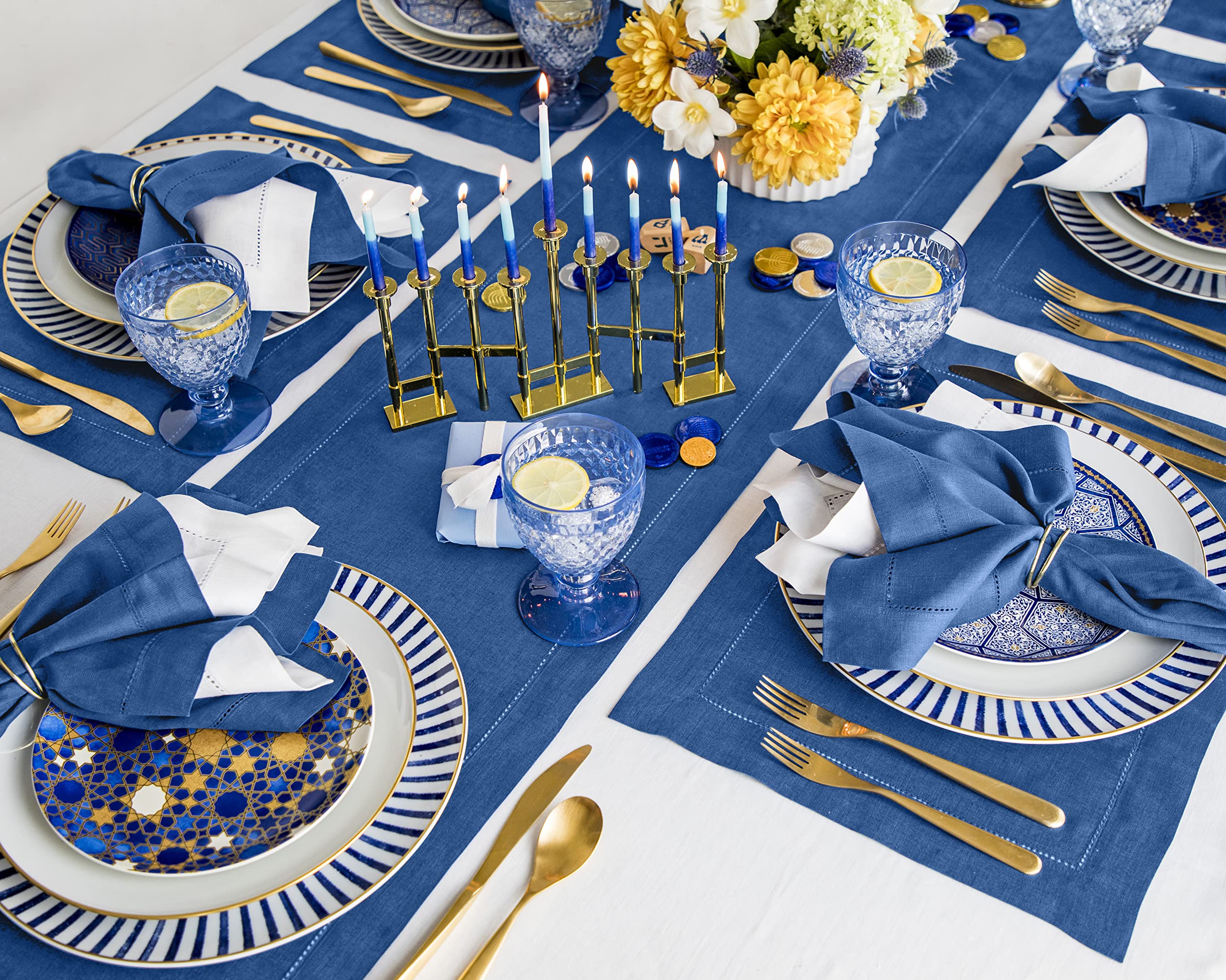 Solino Home Linen Indigo Blue Table Runner 72 Inches Long - 100% Pure Linen Classic Hemstitch Dining Table Runner 14 X 72 Inch I