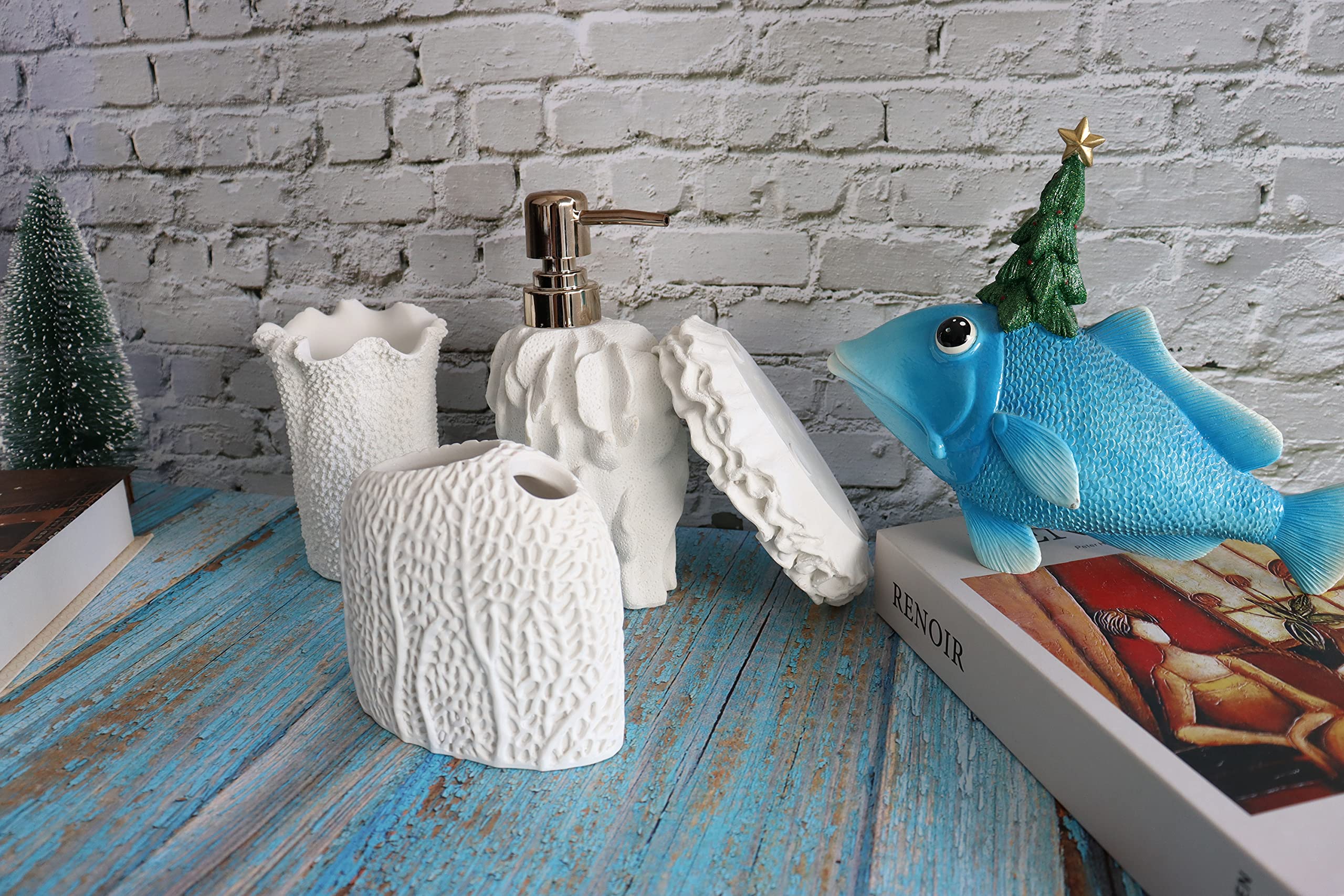 Hymmah Bathroom Accessories Set Coral Seashell Design Toothbrush Holder Farmhouse Bathroom Decor 4 Pcs Resin Gift Set Apartment Necessities  Contain Toothbrush Cup Soap Dispenser Soap Dish Tumbler