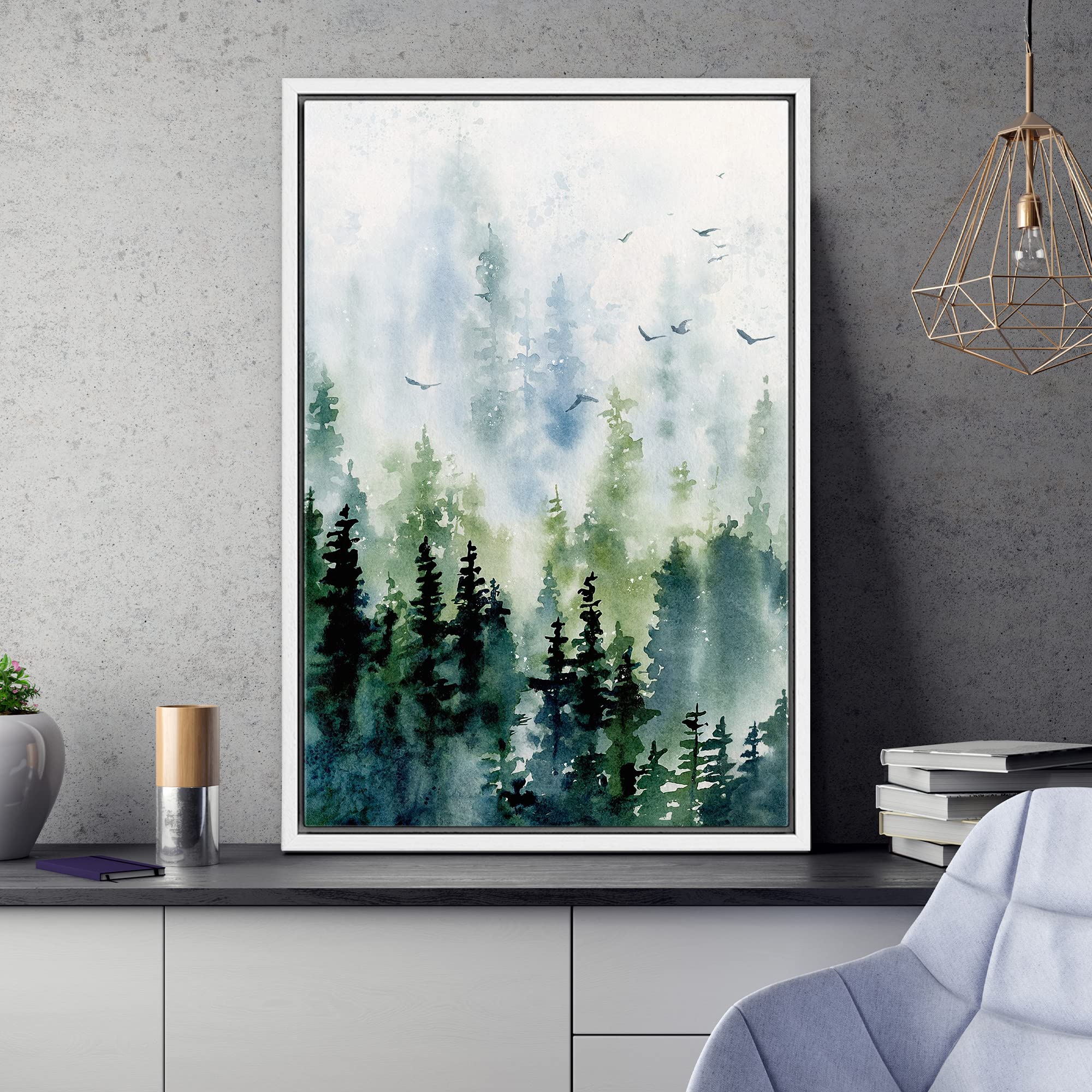 Signwin Framed Canvas Print Wall Art Woodland Nursery Decor Watercolor Pastel Pine Tree Bird Sky Nature Modern Art Decorative La