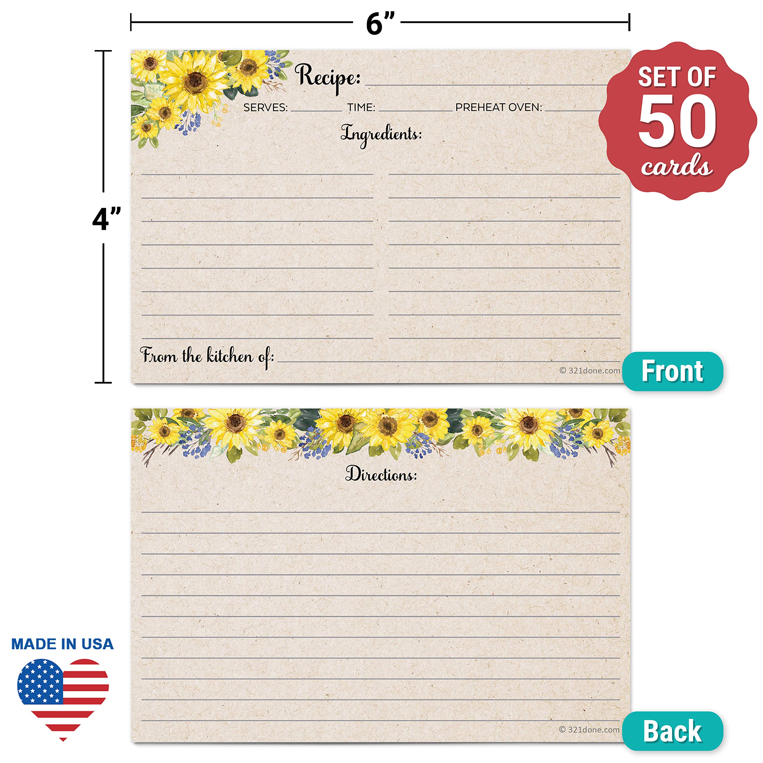 321Done Sunflower Recipe Cards (Set Of 50) Large 4X6 - Rustic Kraft Tan, From The Kitchen Of - Double-Sided For Weddings, Bridal