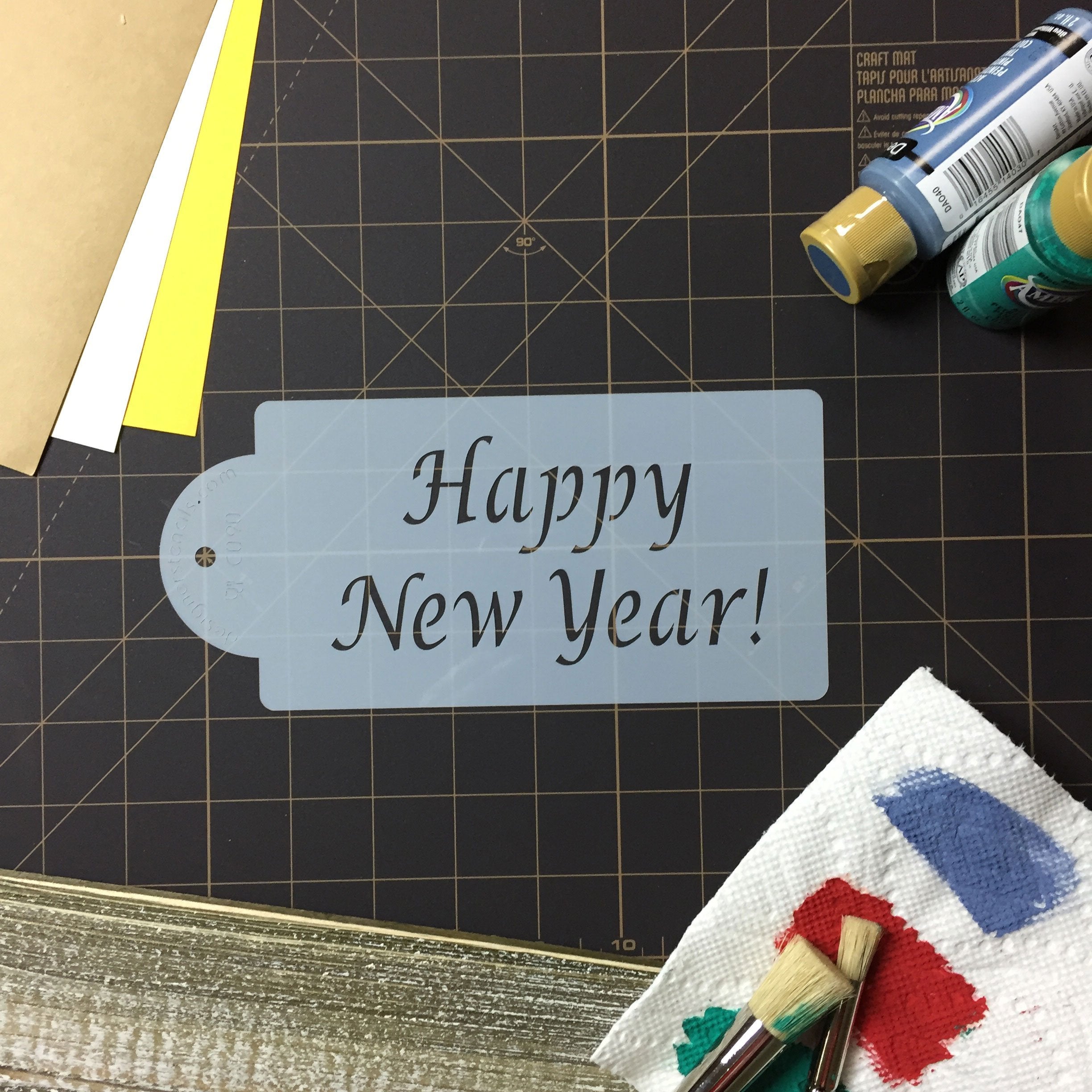 Designer Stencils Happy New Year Cake Stencil, Beige/Semi-Transparent