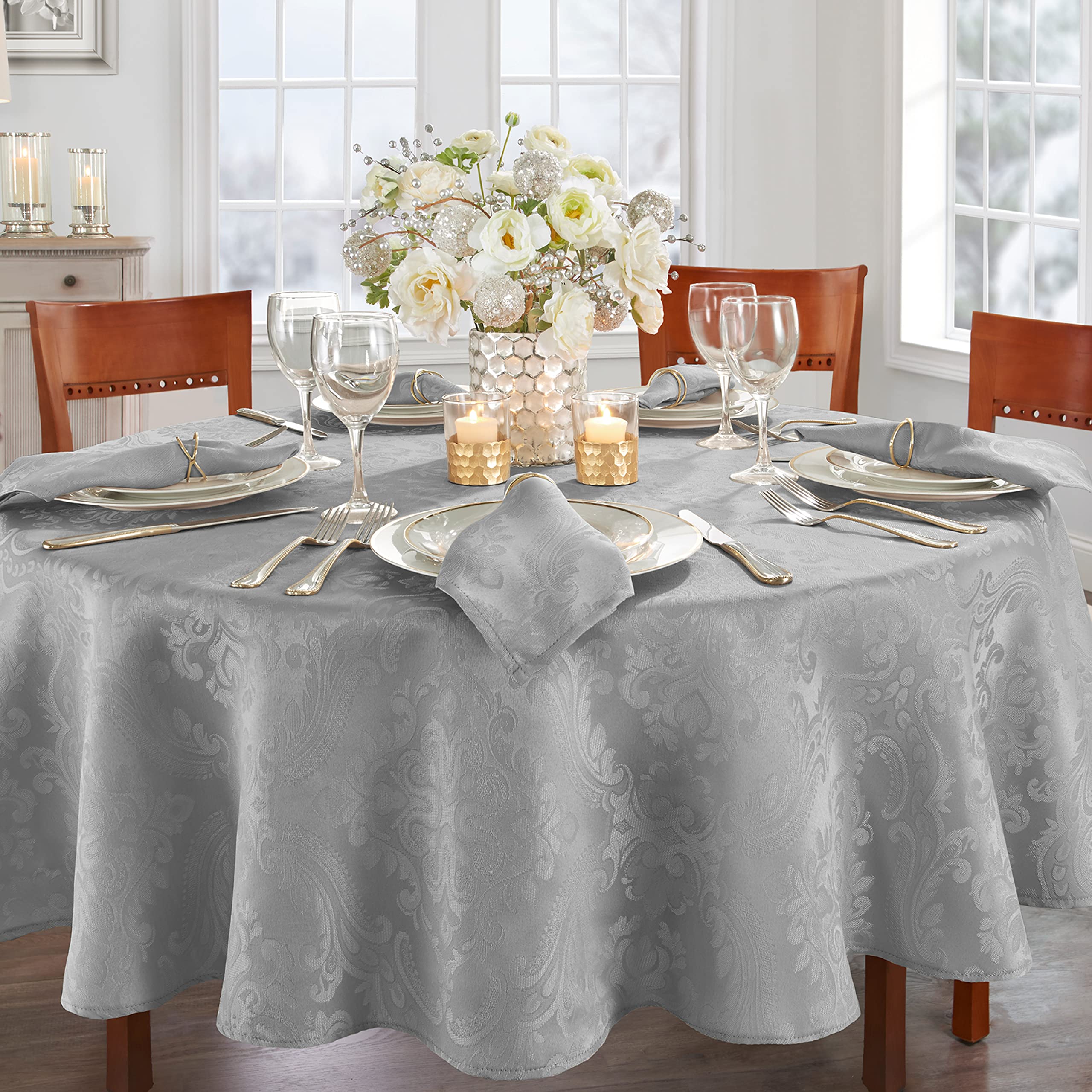 Elrene Home Fashions Caiden Elegance Damask Fabric Tablecloth, 90 Round, Silver
