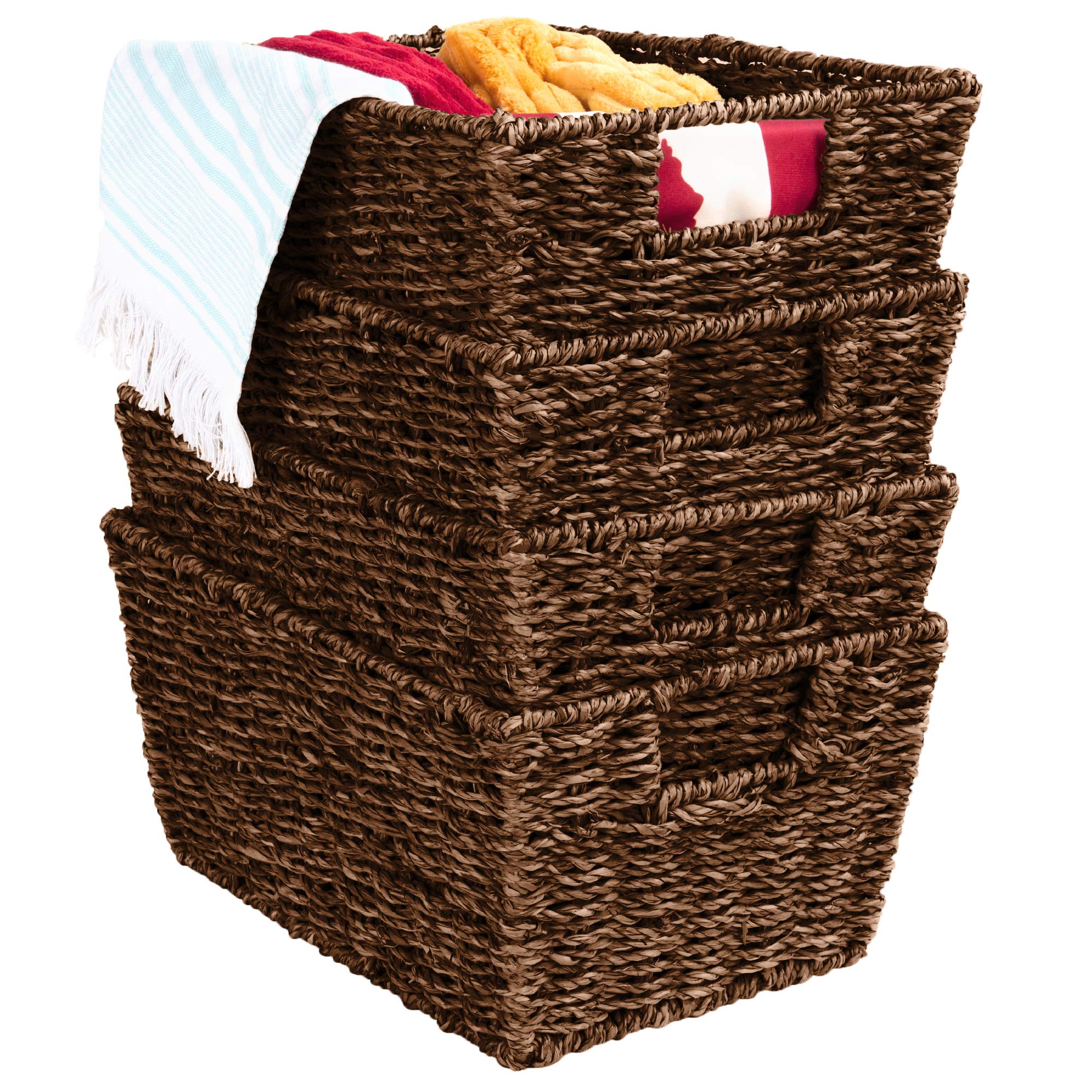 Best Choice Products Rustic Set Of 4 Multipurpose Stackable Seagrass Storage Basket, Handwoven Laundry Organizer Totes For Bedro