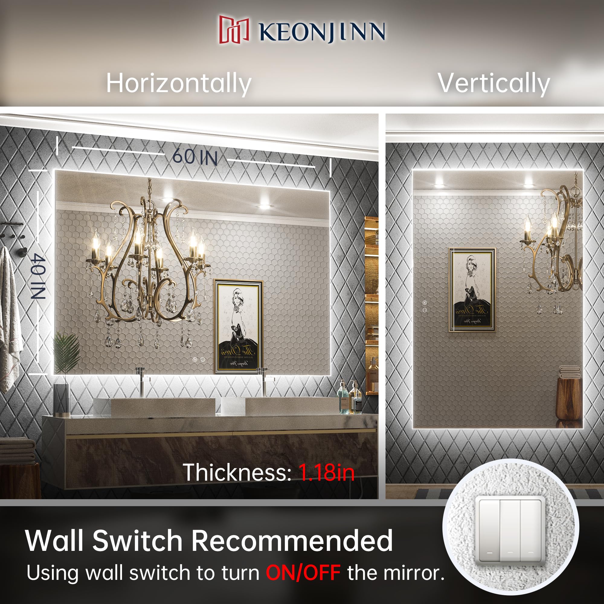 Keonjinn 60 X 40 Inch Led Vanity Mirror Backlit Mirror Bathroom Lighted Mirror Large Anti-Fog Wall Mounted Dimmable Makeup Mirro