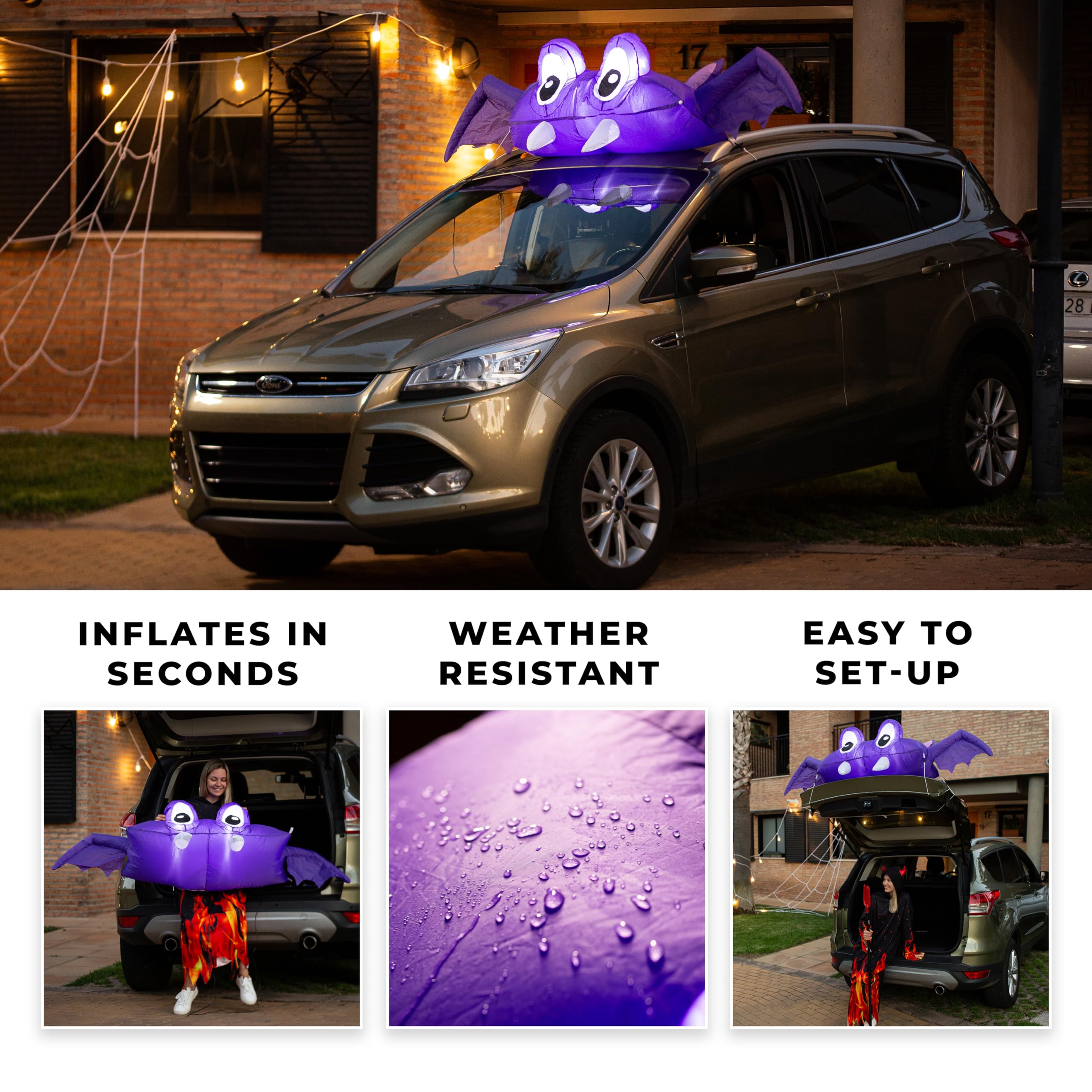 Halloween Inflatable Trunk or Treat Car Decorations Kit Bat with Built-in Lights 6 FT Blow Up Vehicle Decoration for Spooky Seas