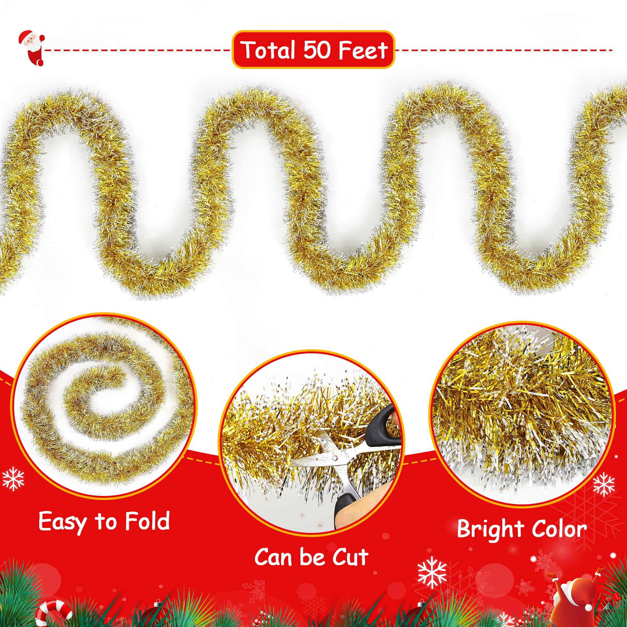 50FT Christmas Tinsel Garland Gold Metallic Twist Xmas Frosted Tip Hanging Garland for Christmas Tree Decoration Indoor Outdoor