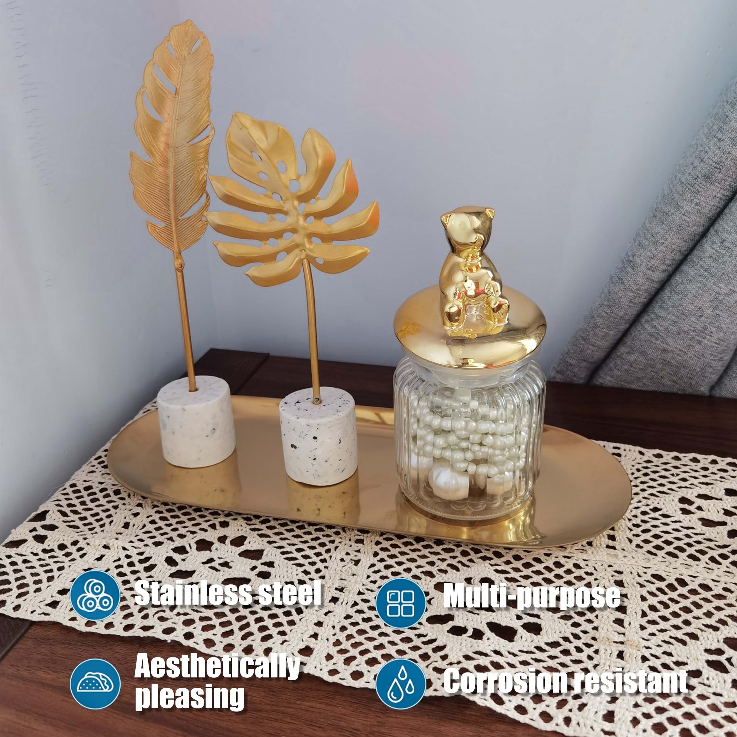 Koxxiamoq Stainless Steel Gold Tray, Decorative Vanity Tray, Metal Oval Towel Tray Storage Tray, Fruit Tea Jewelry Cosmetics Org