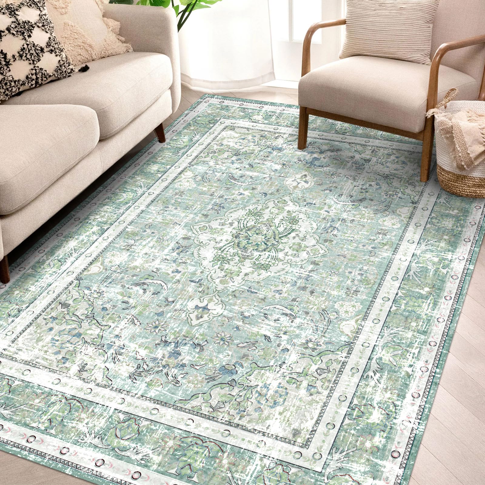 Vhong Boho Area Rugs Vintage Washable Modern Neutral Large Carpet Sage Green 4  6 High Traffic Rugs for Dinning Room Living Room