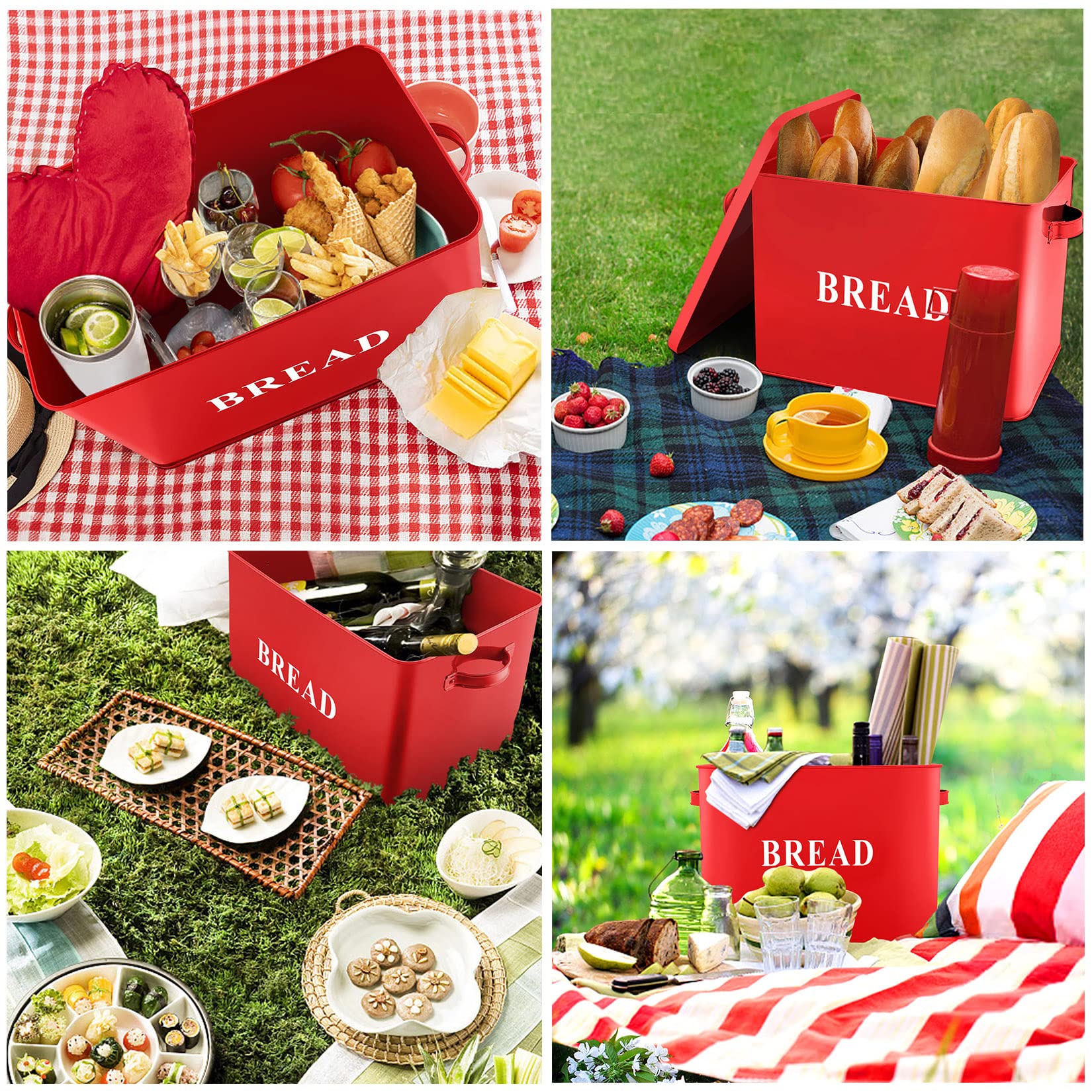 P&P Chef Extra Large Red Bread Box With Lid, Metal Bread Storage Container For Farmhouse Kitchen Countertop, 13.1    X 11.81