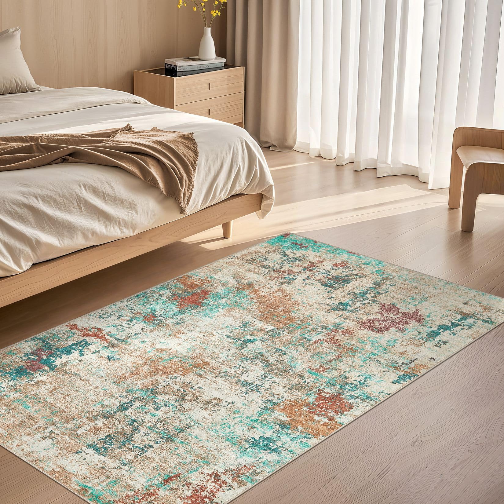 UERMEI 3x5 Area Rug: Washable Entryway Rugs - Neutral Modern Abstract Small Carpet - Non-Slip Low Pile Throw Indoor Rugs for Bed