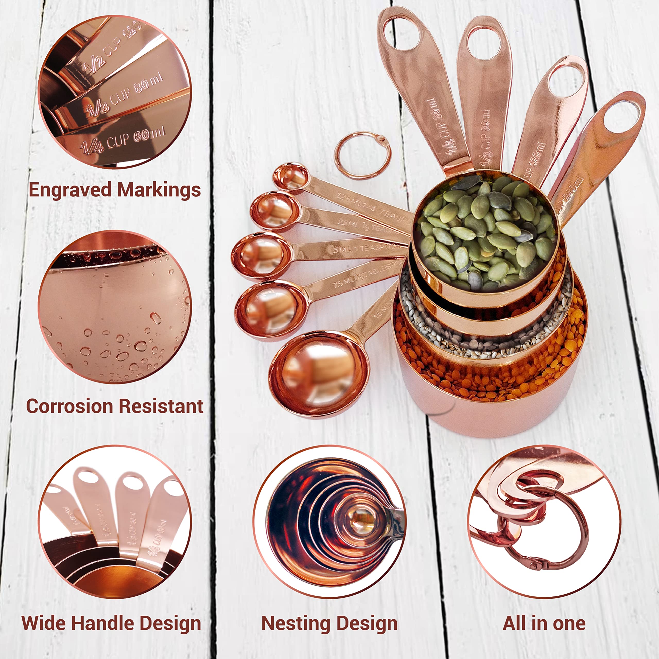 Agrus Measuring Cups And Spoons Set Of 9, Utensils For Dry And Liquid Ingredients, Copper Kitchen Accessories, Rose Copper Decor