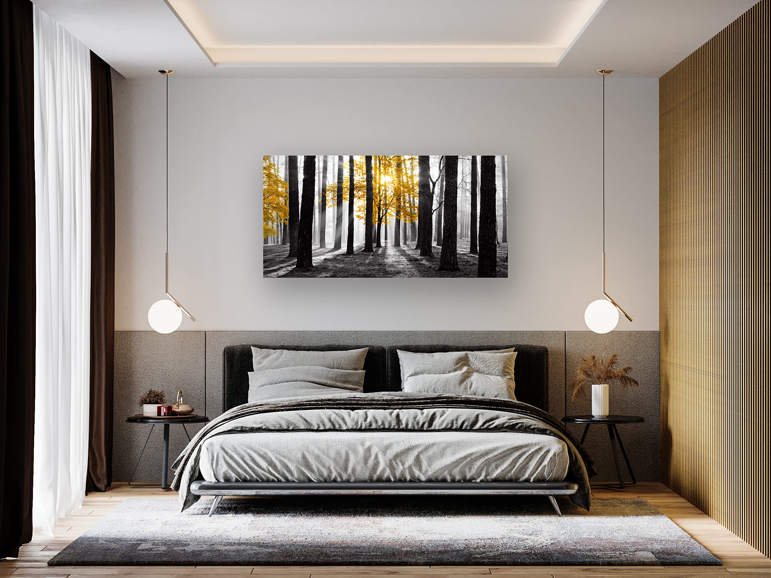 Cao Gen Decor Art S06350 Wall Art Canvas Painting Yellow Tree in Black and White Sunshine Foggy Forest Picture Poster Print Framed Ready to Hang for Living Room Bedroom Office Home Decor