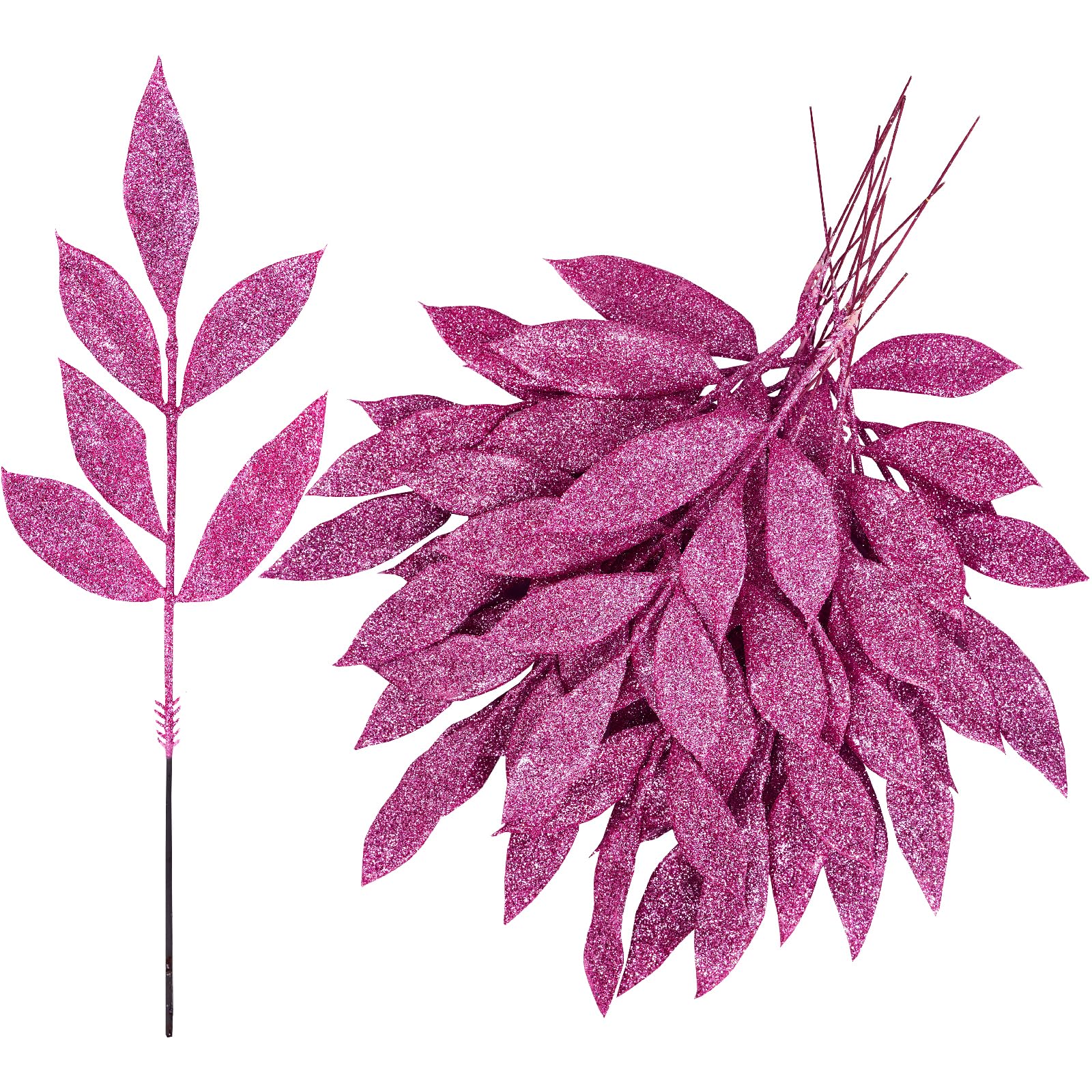 Winlyn 40 Pcs Pink Glitter Bay Leaf Sprays Artificial Christmas Tree Picks 12.7 Tall for Pink Christmas Tree Wreath Swag Floral
