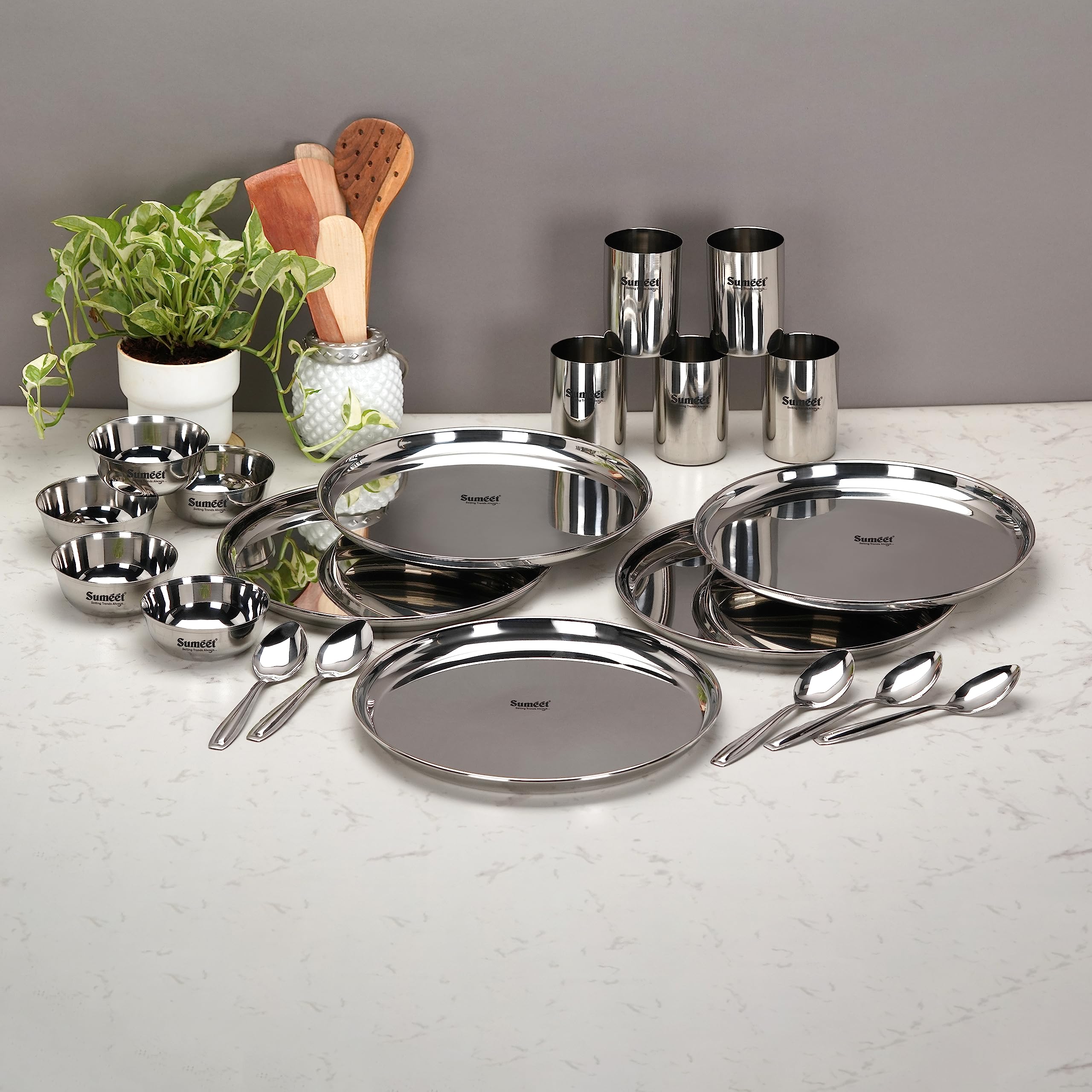 Sumeet Stainless Steel Heavy Gauge Mirror Finish Solid Dinner Set Of 20 Pcs (5 Plate  5 Bowl Wati  5 Glass  5 Spoon)  Silver