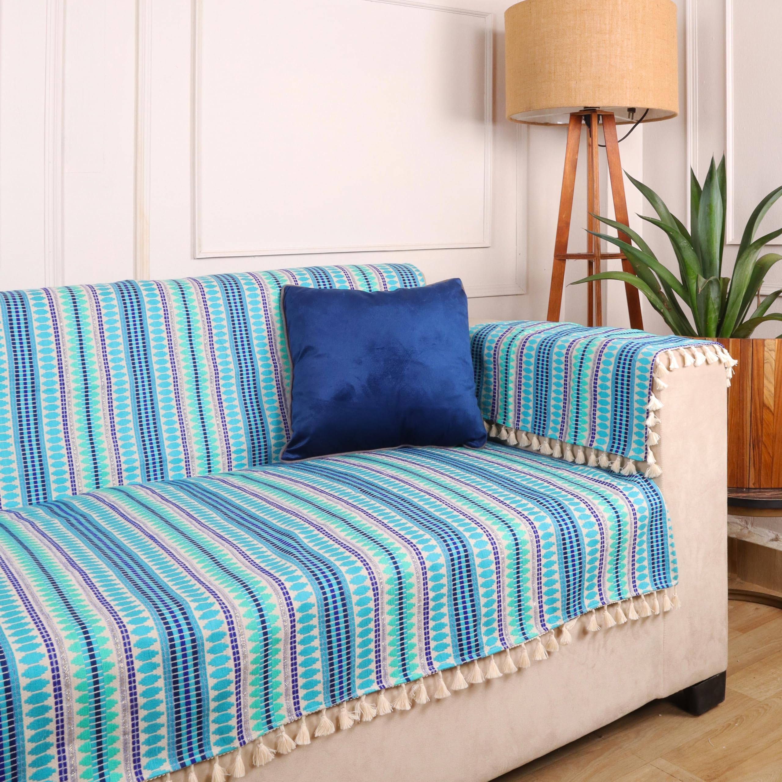 Stitchnest Woven 3 Seater Sofa Protector With 2 Hand Rest Covers  Blue & White Stripe Design  Washable Fabric With Tassels  S
