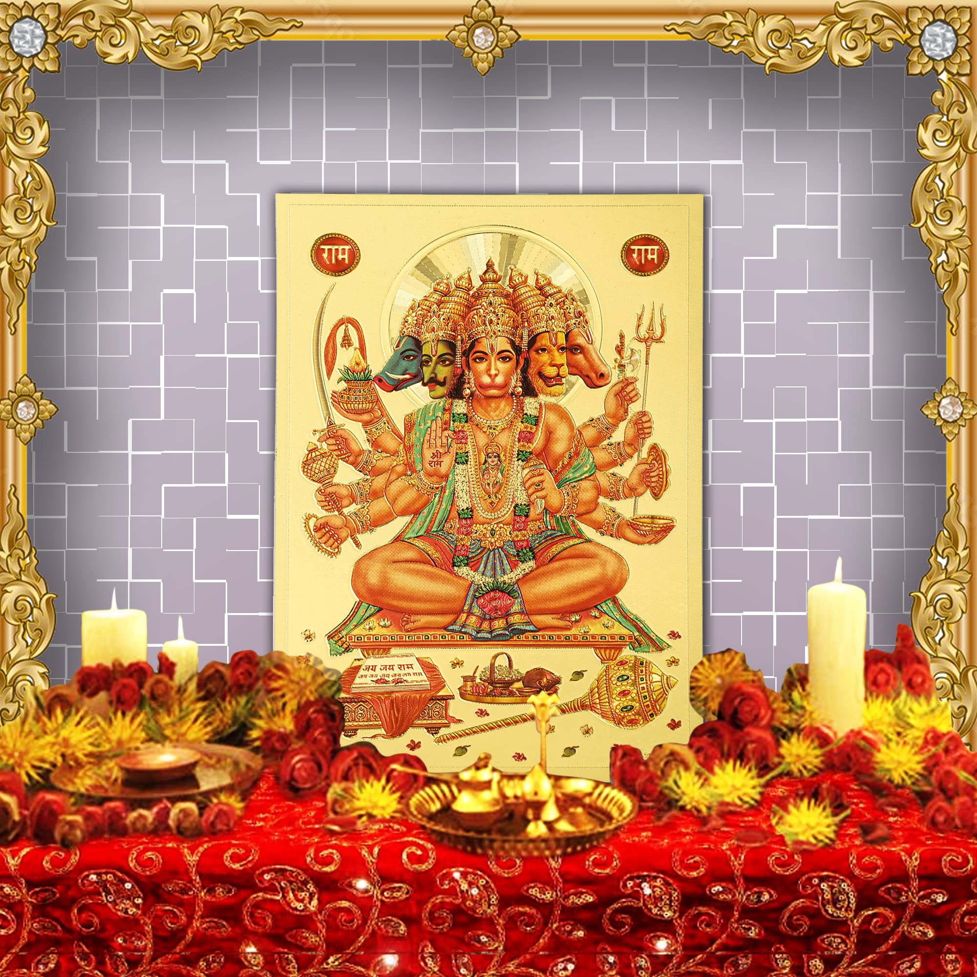 Hawai Panchmukhi Hanuman Bajrang Bali Gold Plated Religious Poster Photo For Home Office Business Place Puja Ghar Worship Use 5X