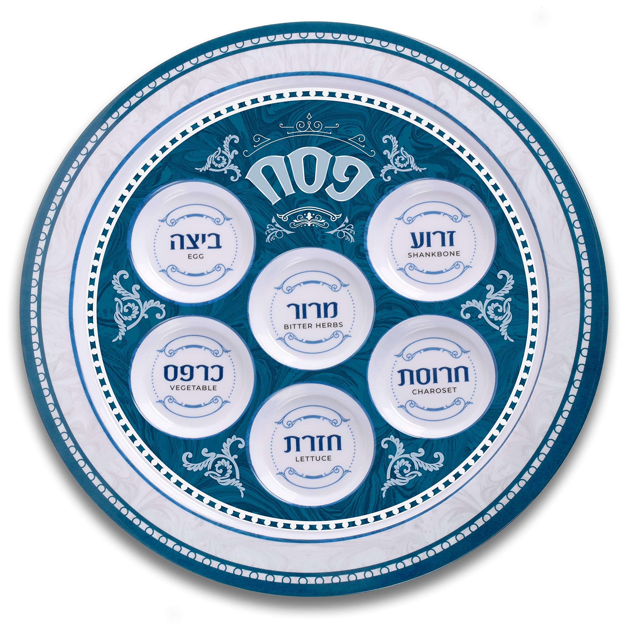 Ner Mitzvah Seder Plate For Passover - Melamine 12'' Passover Seder Plate - Blue And White Marble Design Passover Plate