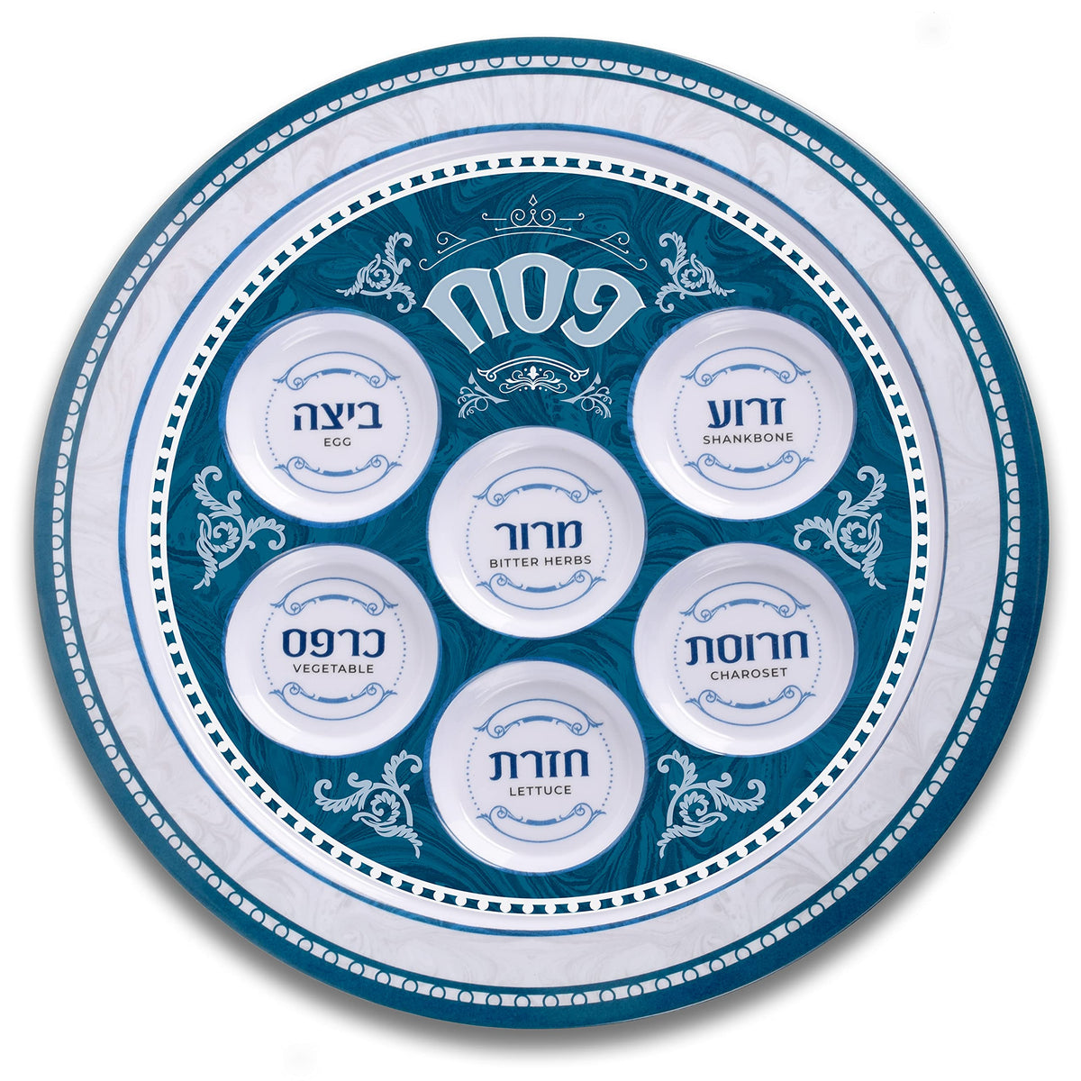 Ner Mitzvah Seder Plate For Passover - Melamine 12'' Passover Seder Plate - Blue And White Marble Design Passover Plate