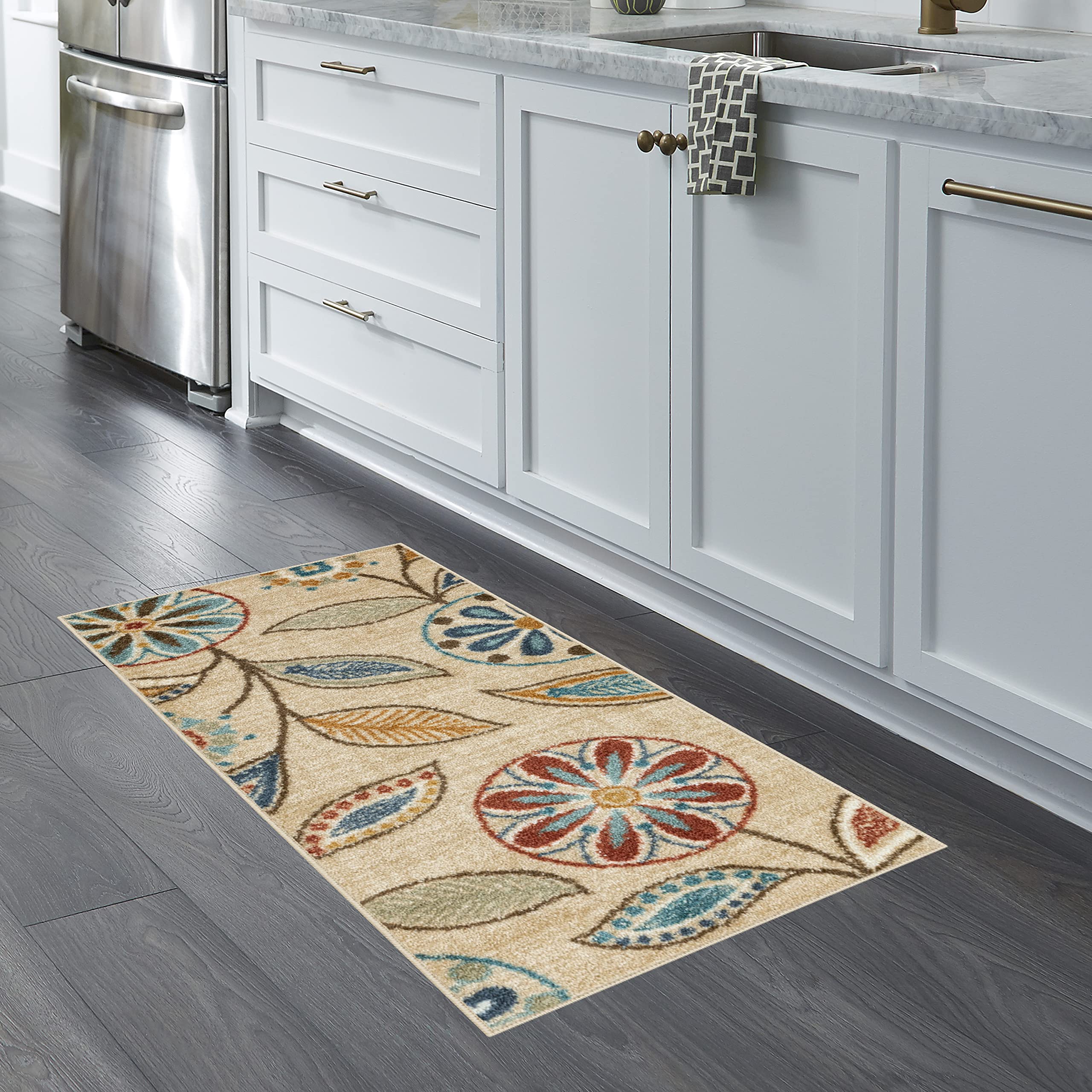 Maples Rugs Reggie Floral Runner Rug Non Skid Washable Hallway Entry Carpet [Made in USA], Beige, 18 x 4