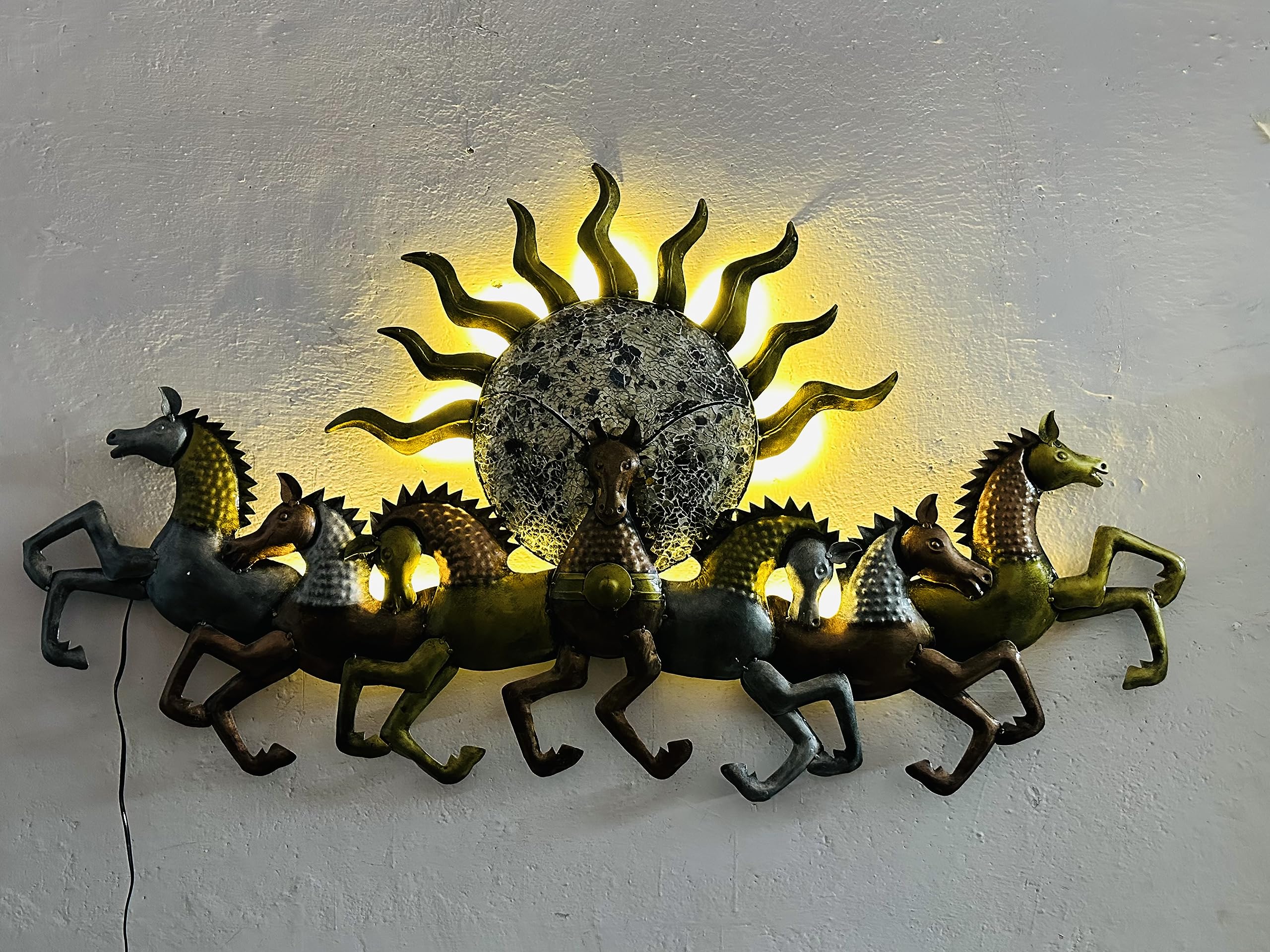 Rsn Metal Wall Art Iron Wall Hanging 7 Horse With Led Light Metal Frame Wall Dcor Entrance, Wall Hanging For Living Room, Wrough