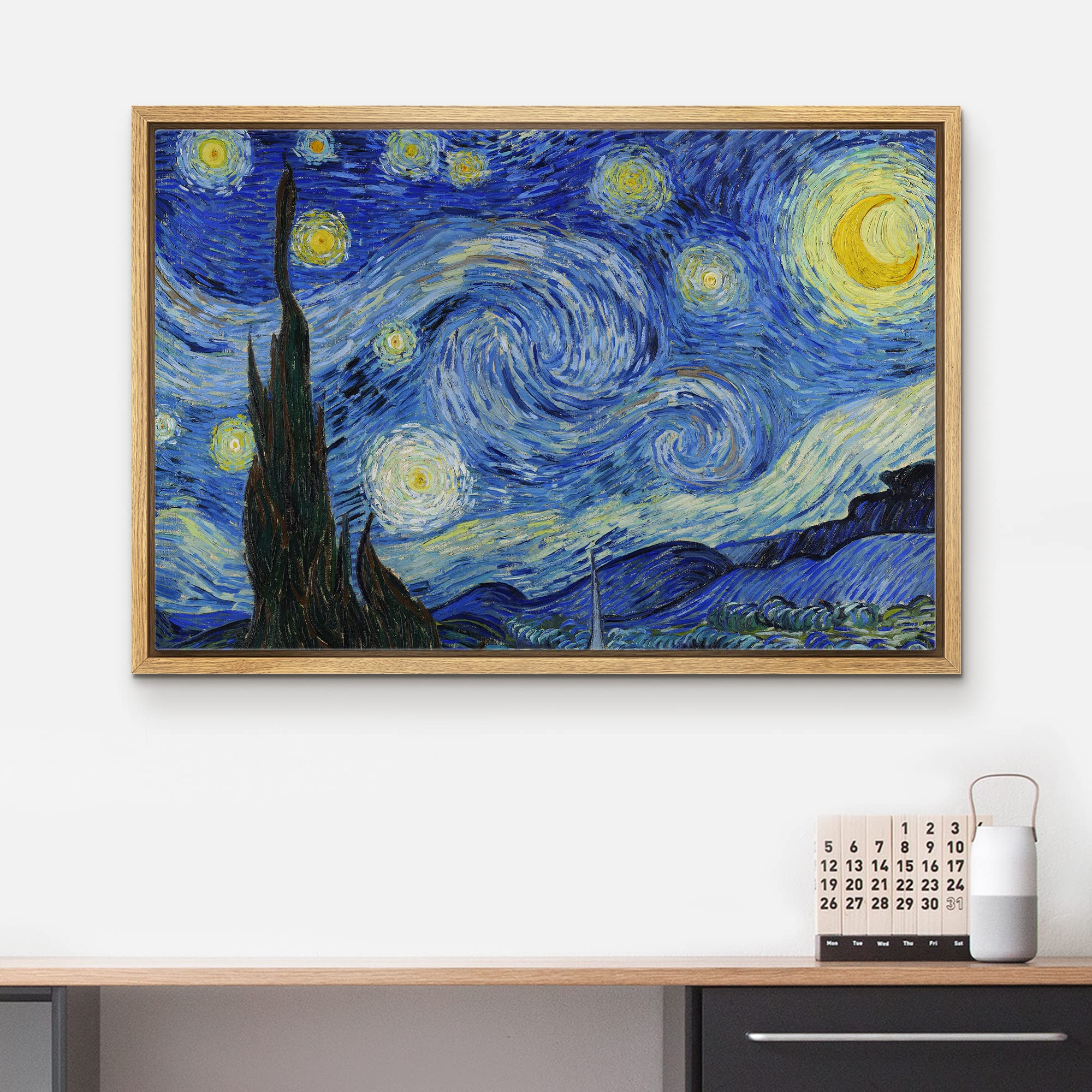 Wall26 - Starry Night By Vincent Van Gogh - Framed Canvas Art Wall Art - 16''X24'' Natural