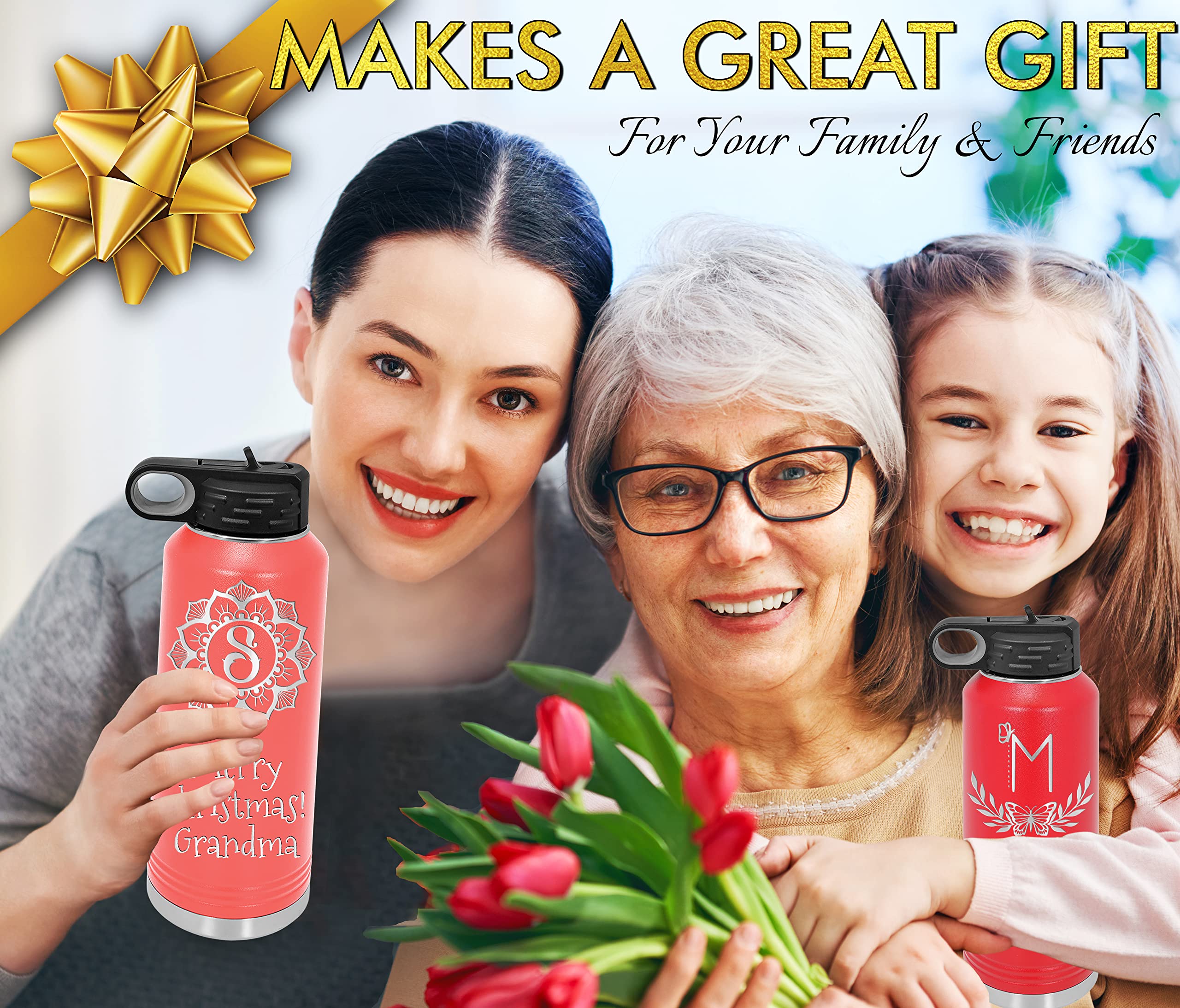 Customized Water Bottles With Flip-Top Lid And Straw, Personalized Stainless Steel Sports Thermos Engraved Monogram - Teacher, B