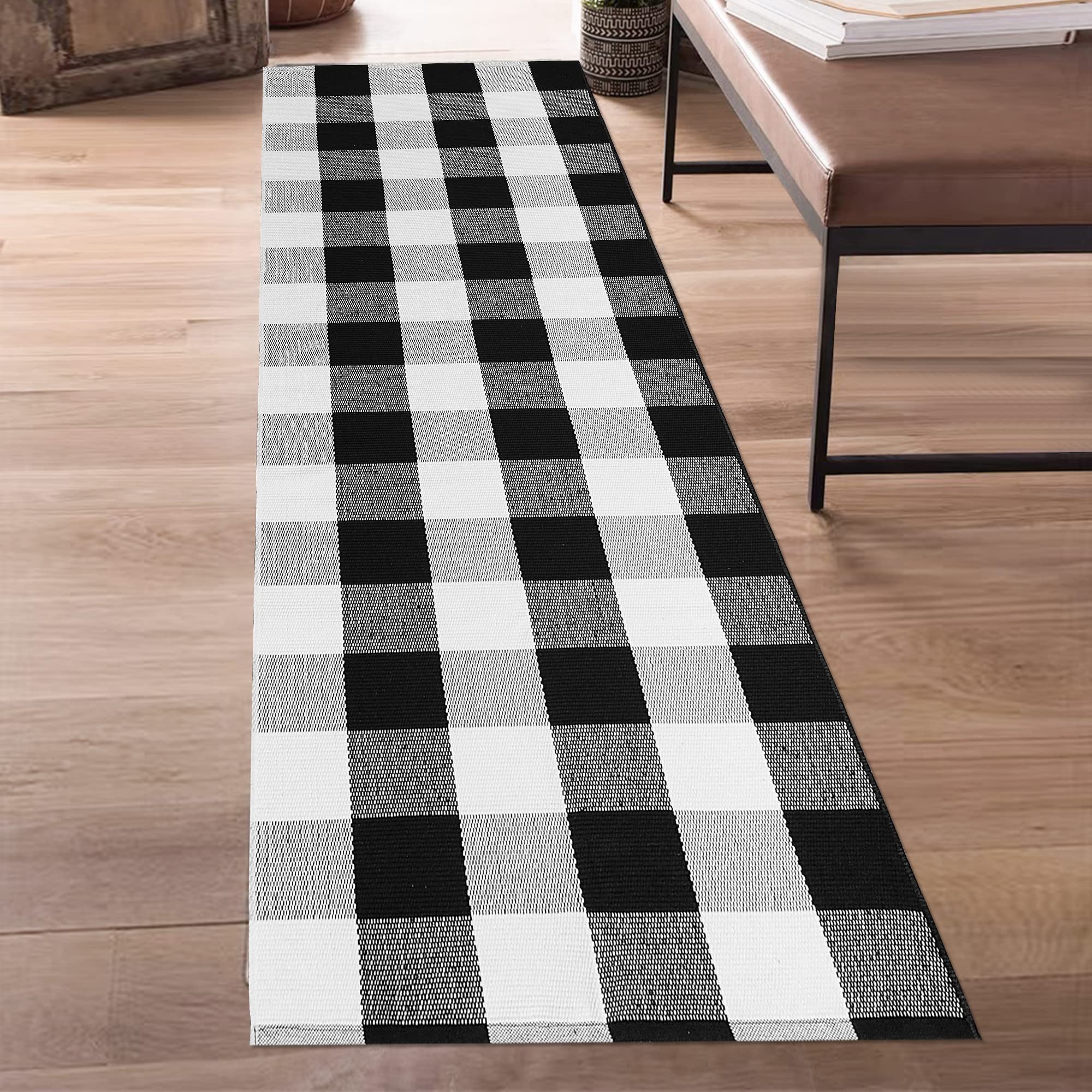 Aoczes Buffalo Plaid Runner Rug 2x6 Feet Black and White Checkered Runner Rug Cotton Woven Farmhouse Floor Mat Washable Rugs for