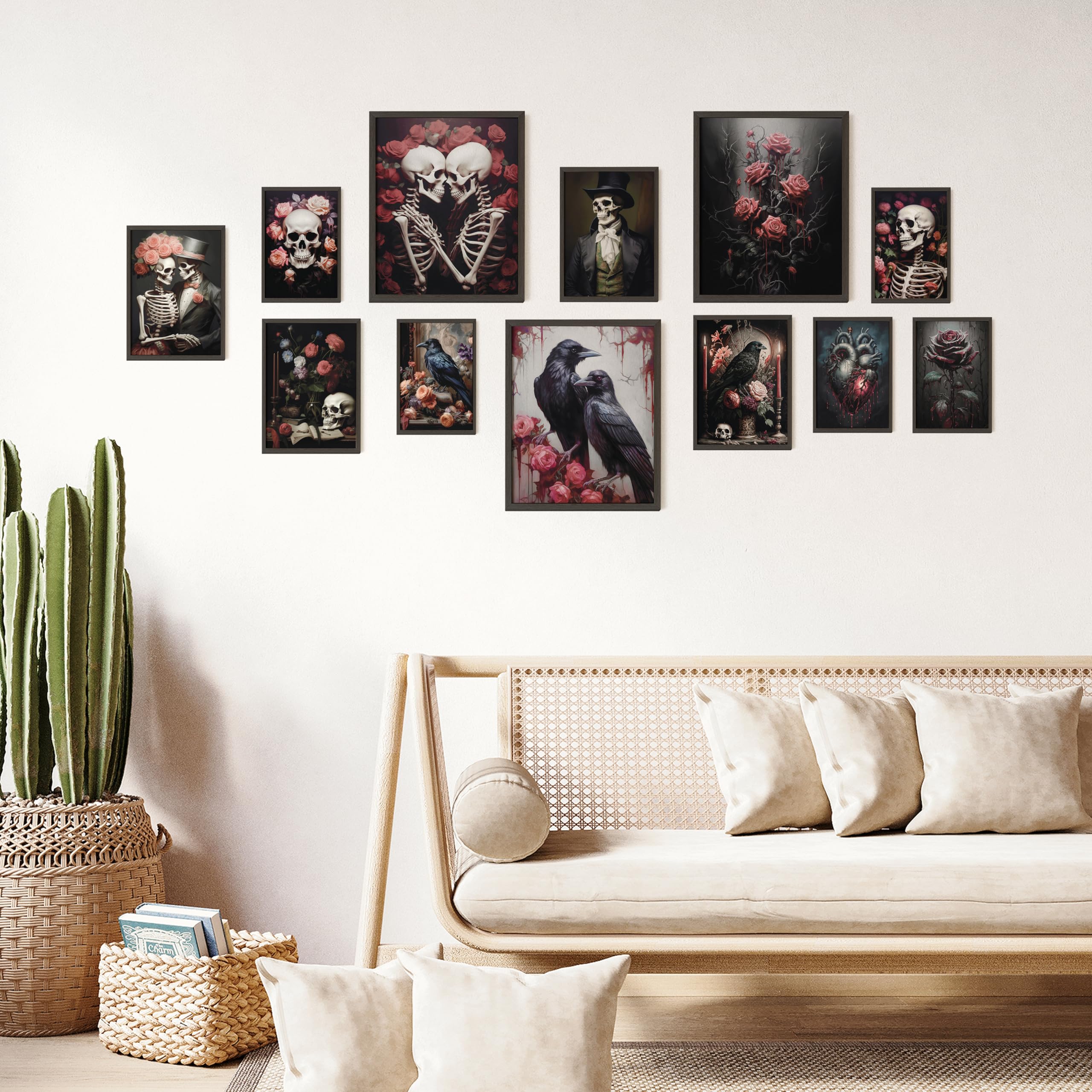 97 Decor Romantic Gothic Wall Art - Goth Wall Decor, Floral Gothic Decor For Bedroom, Goth Wall Art Prints, Dark Raven Skull Pos