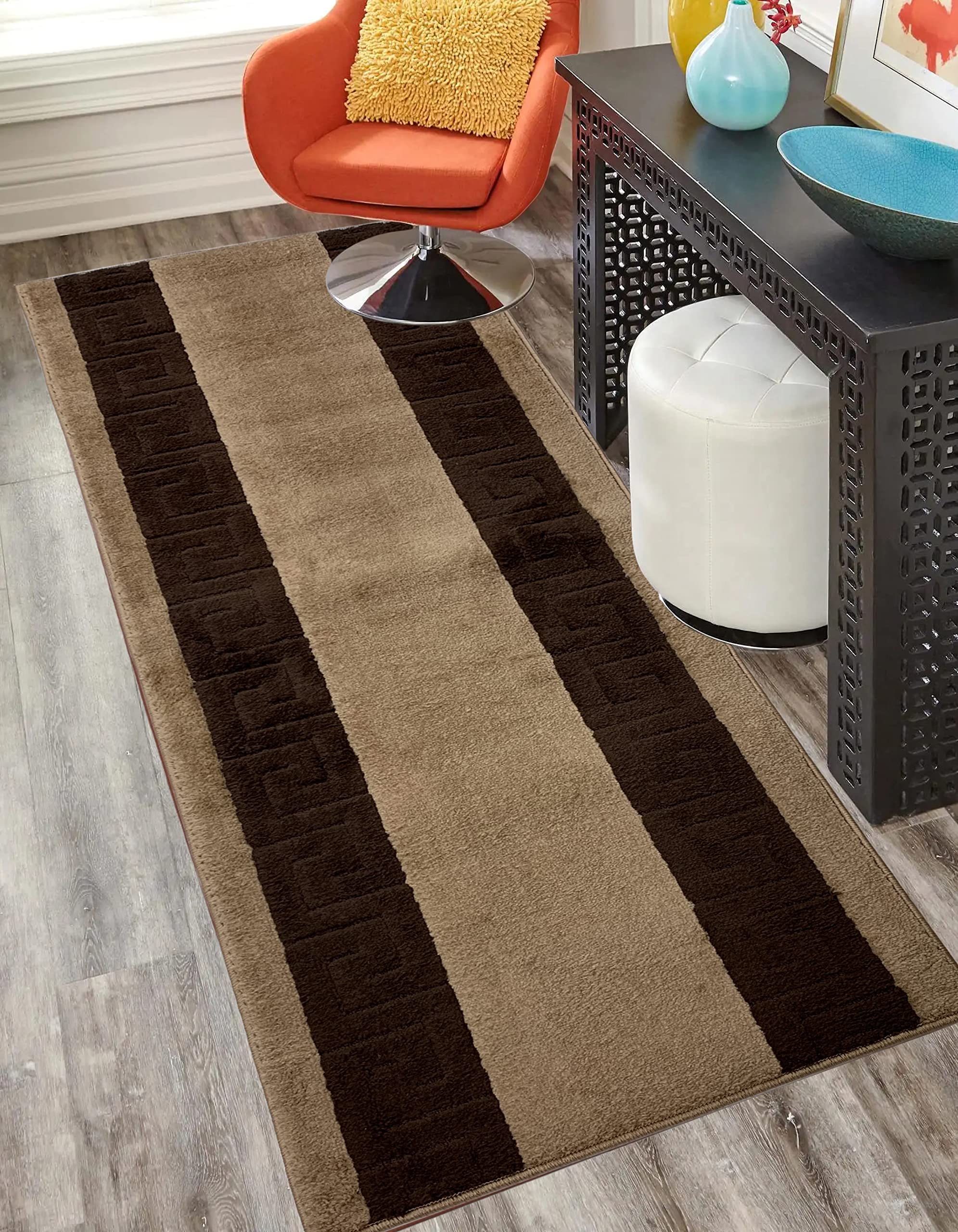 Washable Custom Size Runner Rug Meander Design Beige Brown, (5 Feet Length x 26 Inch Width) Custom Cut Slip Resistant Rubber Bac