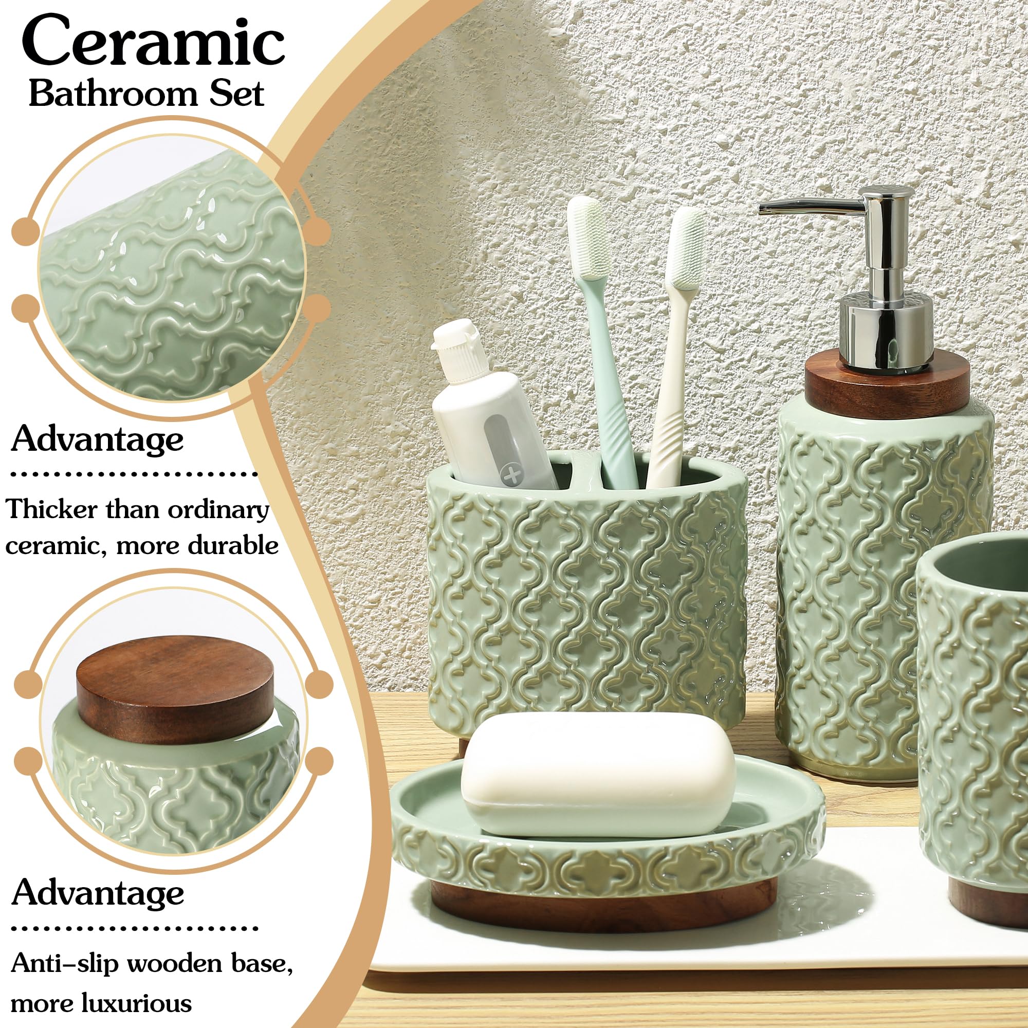 Rqyixi Bathroom Accessories Set 4 Pieces Toothbrush Holder Soap Dispenser Ceramic Green Bathroom Accessory Set Contain Toothbrus