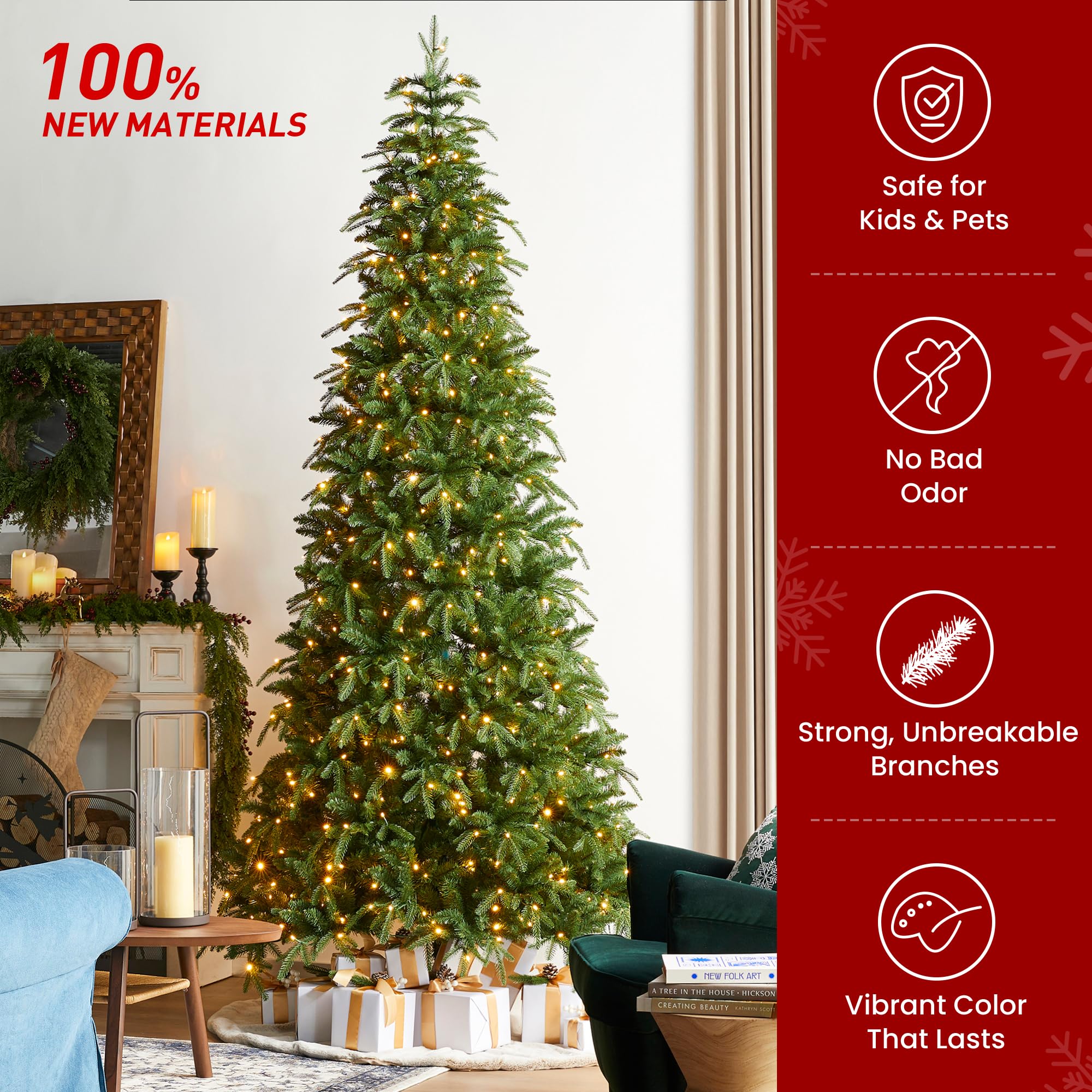 Glitzhome 9ft Prelit Christmas Tree, Artificial Christmas Tree with 650 Warm White/Multi-Color Lights, Slim Christmas Tree Radia