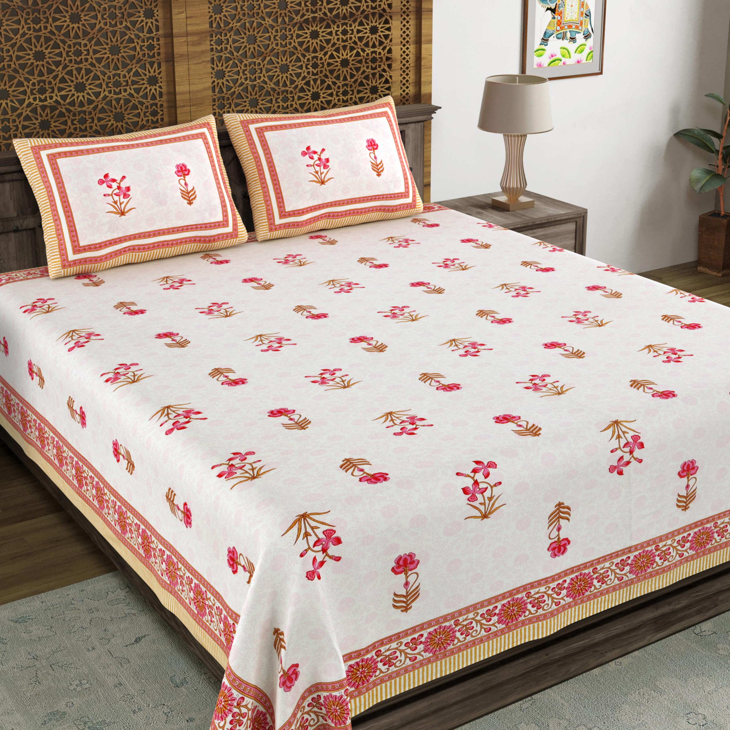 Blocks Of India Hand Block Printed 200 Tc Cotton King Size Bedsheet (Pink Peach Flower)