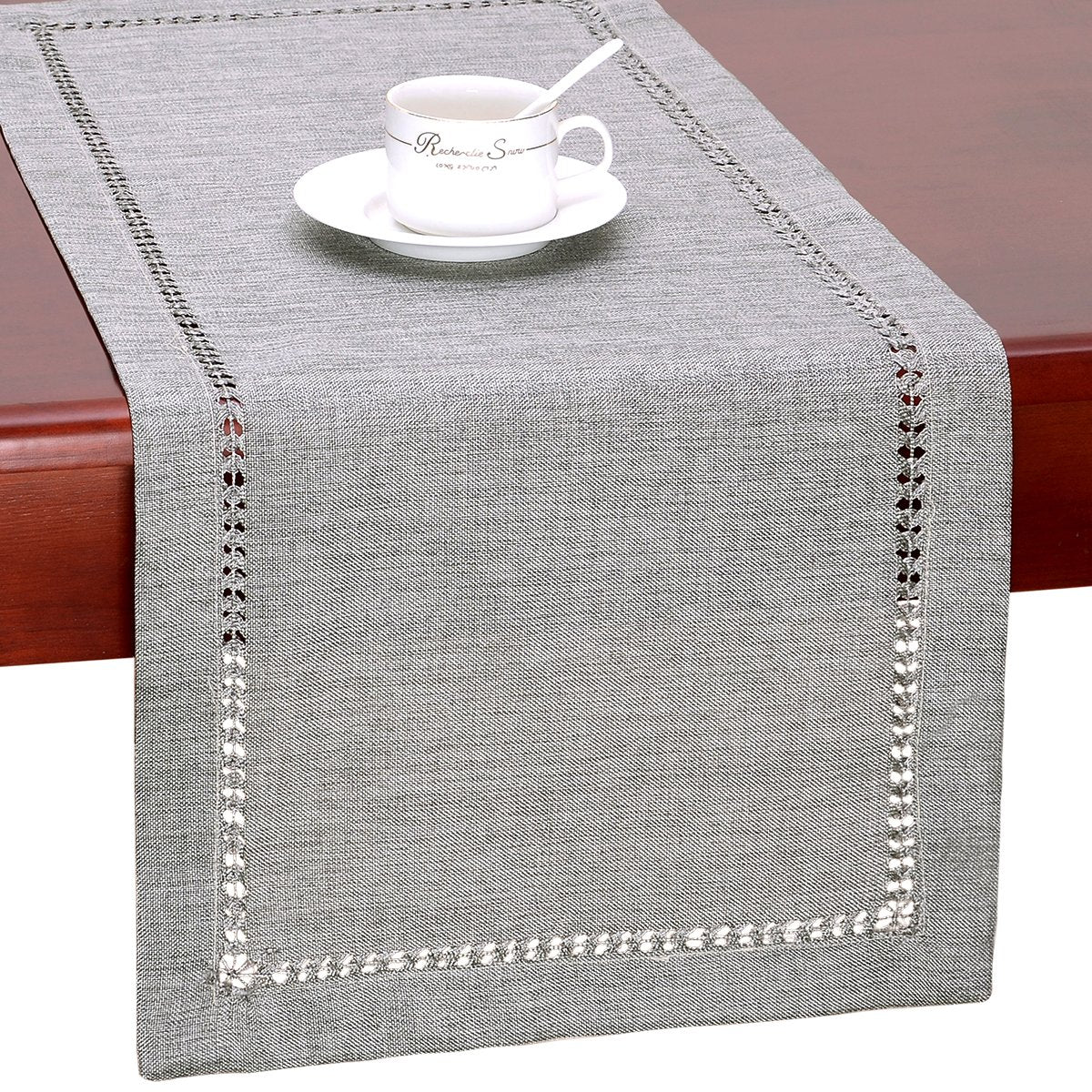 Grelucgo Handmade Hemstitch Gray Dining Table Runner Or Dresser Scarf, Rectangular 14 By 108 Inch