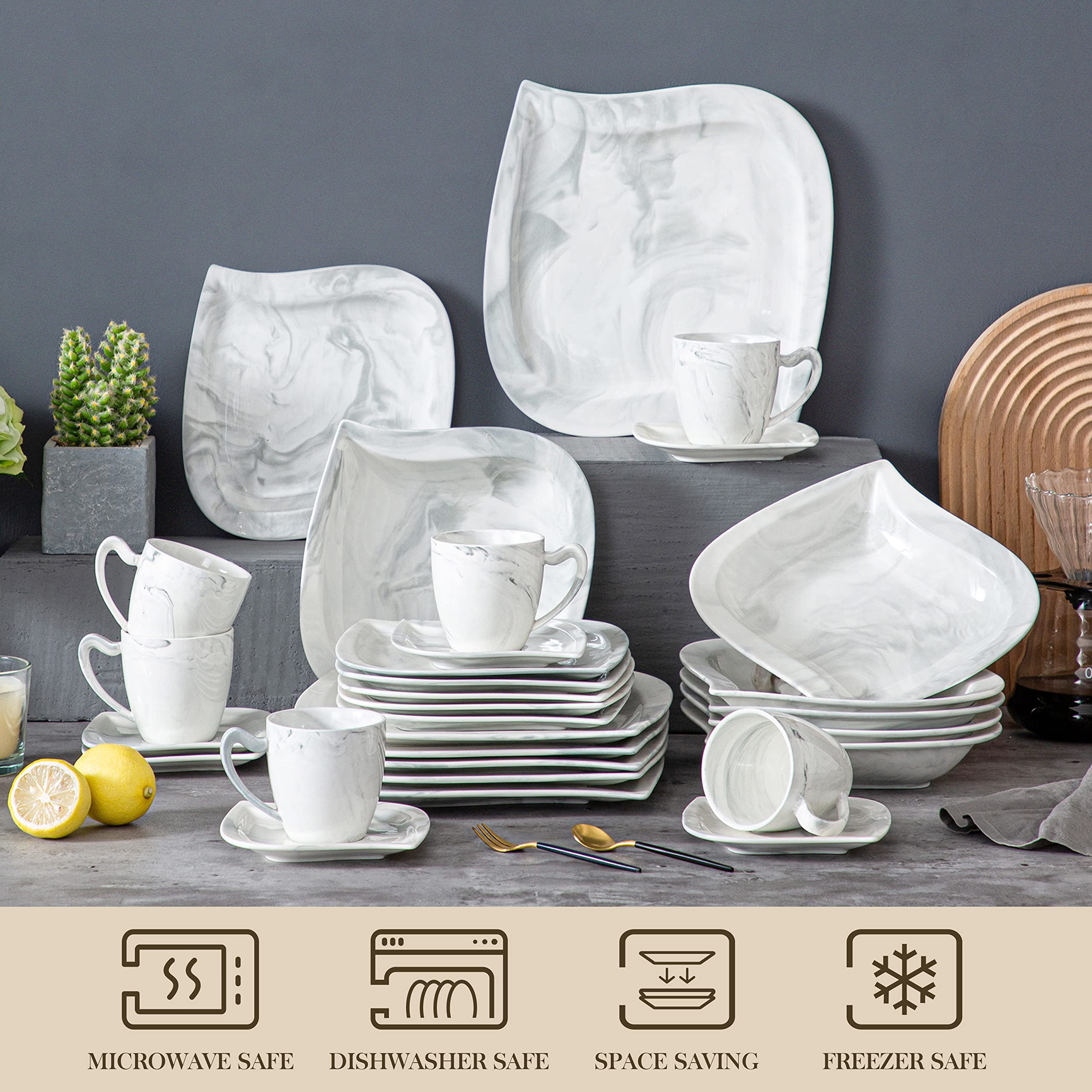 MALACASA Dinnerware Sets for 6, 30 Piece Porcelain Plates and Bowls Sets, Marble Dish Set with Plates and Bowls, Cup and Saucer,