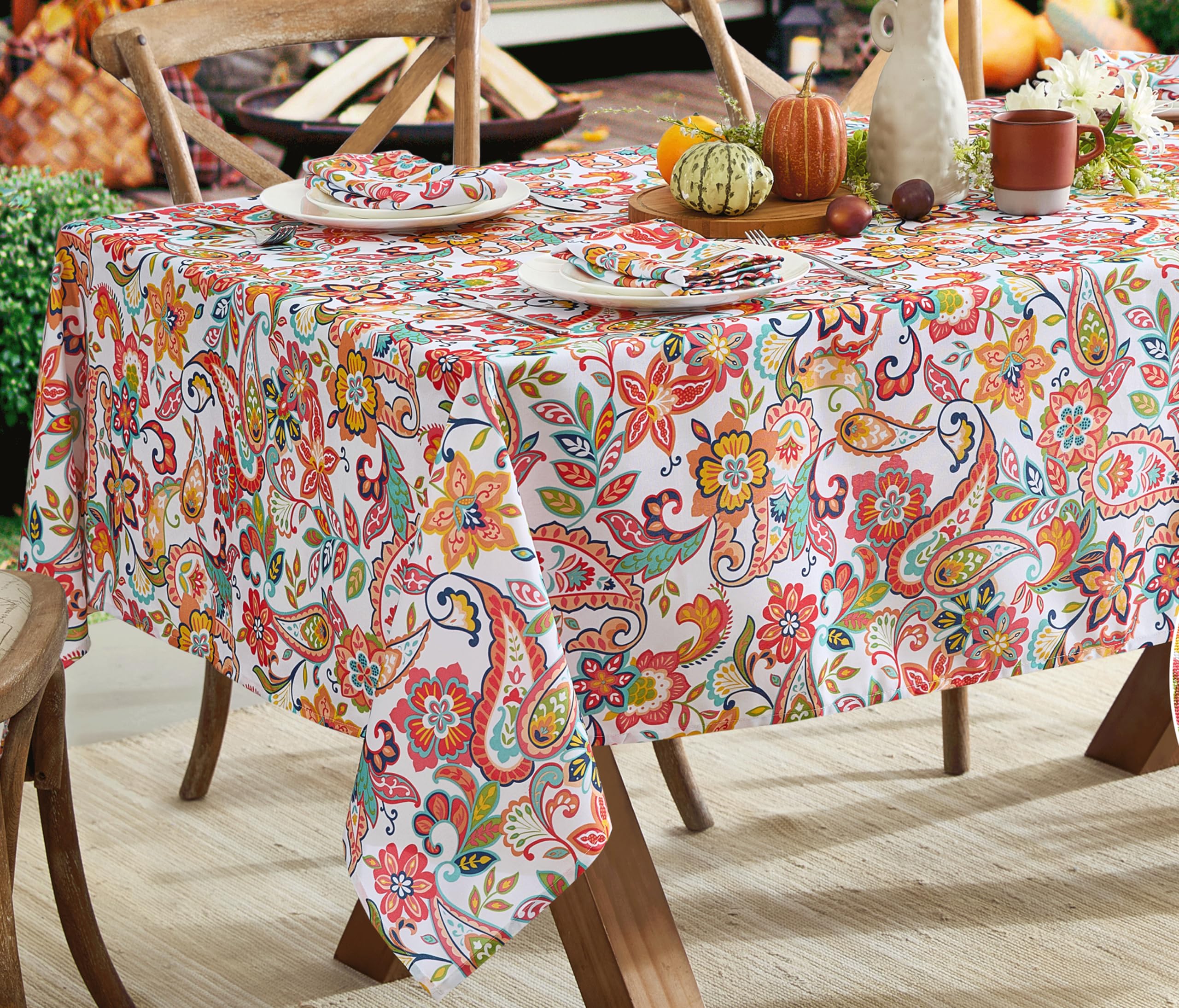 Newbridge Square Fabric Napkins, Bohemian Coral Paisley, Set Of 8 Napkins, Stain And Water Resistant Heavy Weight Summer Napkins