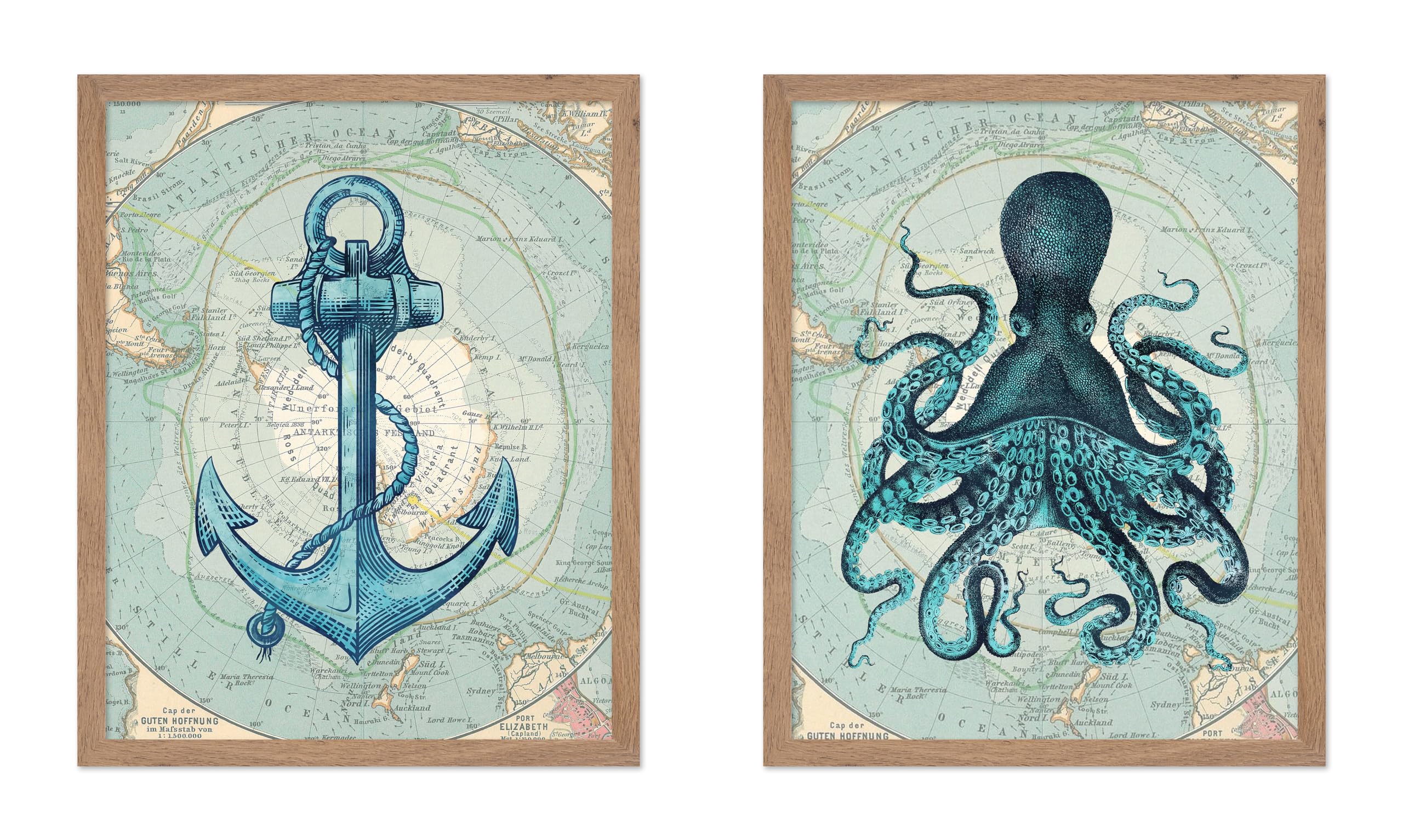 Poster Master 2-Piece Vintage Octopus Poster - Retro Anchor Print - Antarctica Map Art - Aquatic Art - Gift for Men, Women - Nau