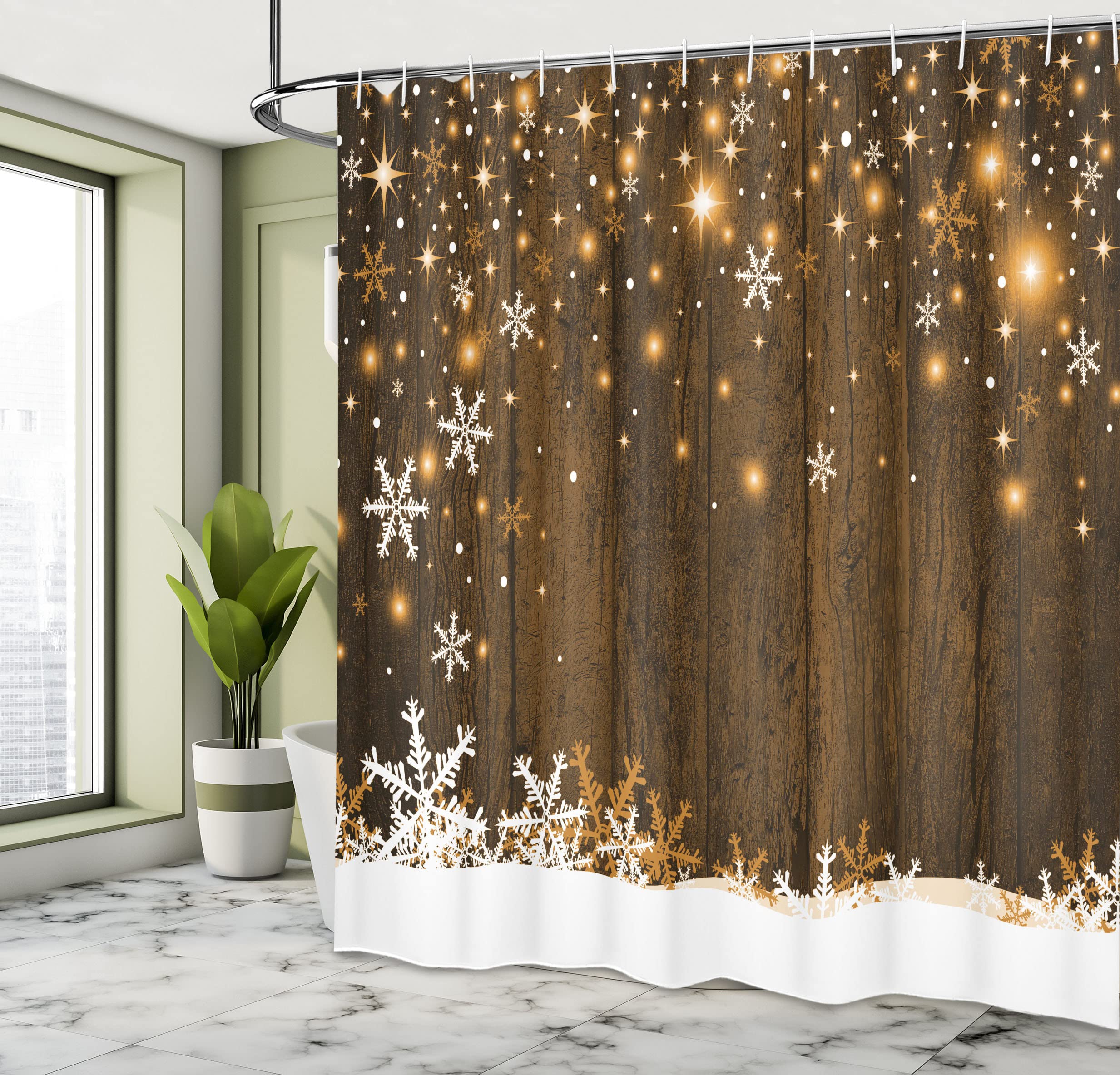 Ambesonne Christmas Shower Curtain, Rustic Wooden Backdrop With Snowflakes And Warm Traditional Celebration Print, Cloth Fabric