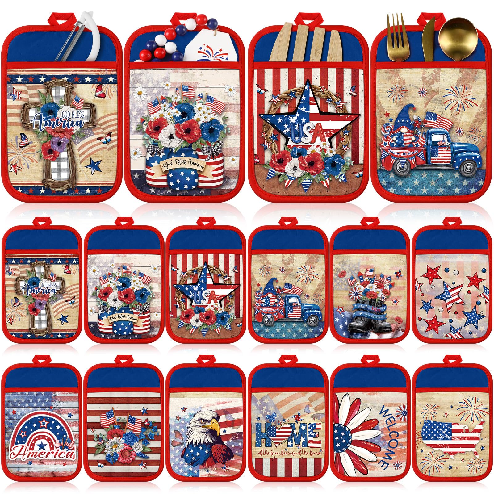 Jingmore 12 Pcs Veterans Day Pot Holders with Pocket Patriotic Pot Holders Bulk for Kitchen American Flag Stars Hot Pads and Ove